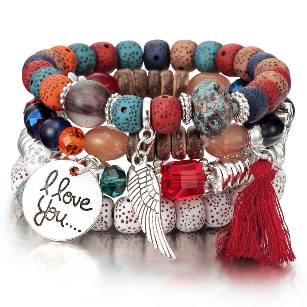 4Pcs Bohemian Beaded Bracelet Set for Women - Colorful Wing Bead Bangles, Handmade Jewelry Gift for Party, Festival & Everyday Wear