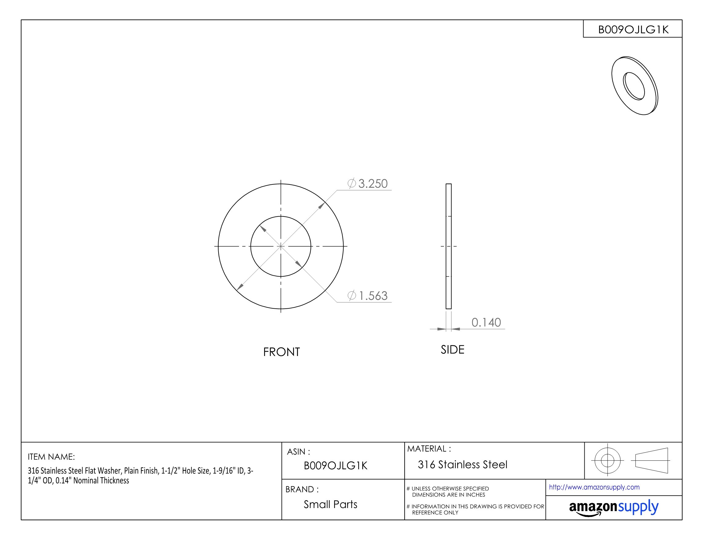 316 Stainless Steel Flat Washer, 1-3/4