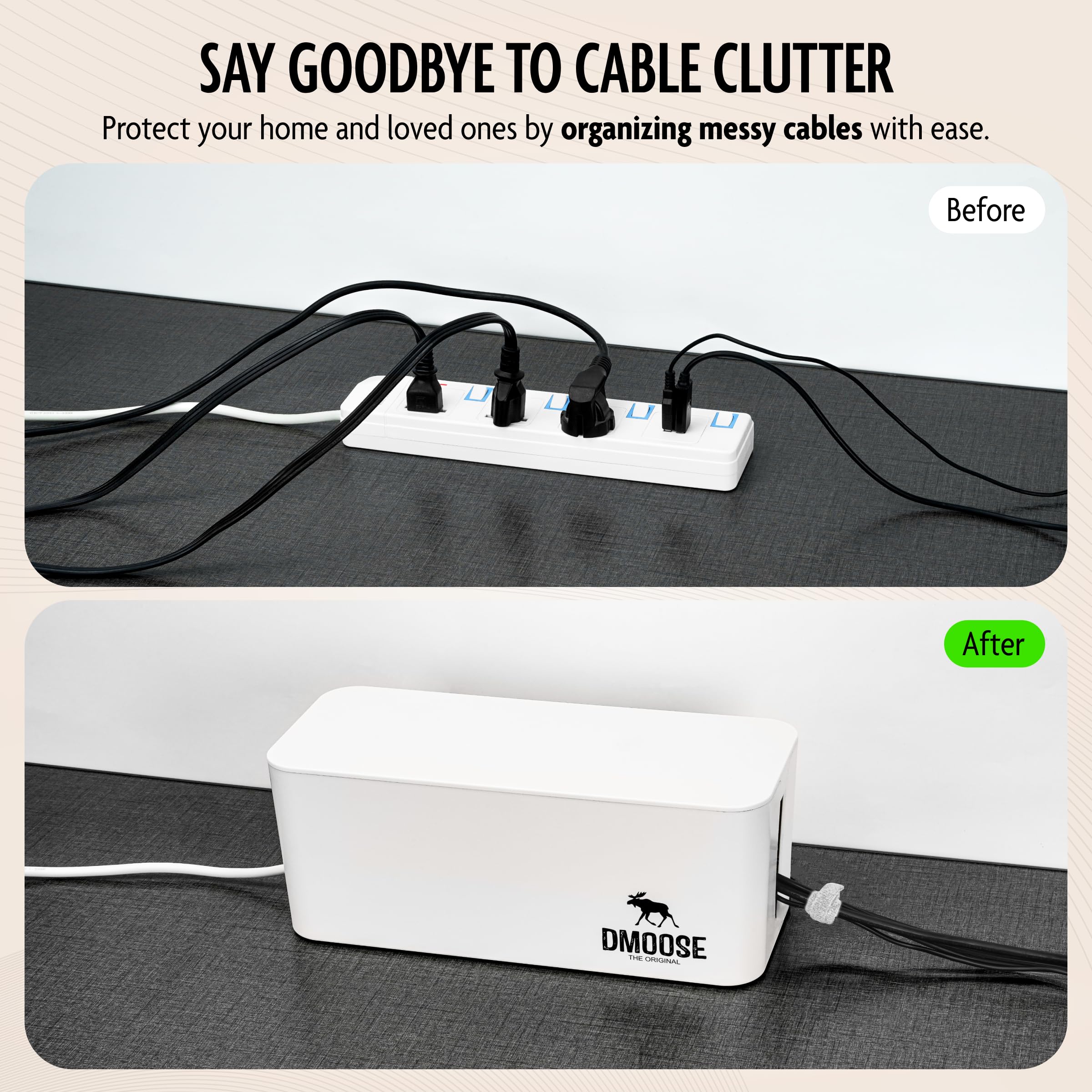DMoose Cable Management Box - 2 Pack Medium & Large Cord Organizer for Desk & Floor - Child & Pet Safe Cable Organizer Box - Power Strip Cover for Tidy Office & Home (White, Pack of 2) - Perfect for Home Office, Living Room & Bedroom Cable Organization
