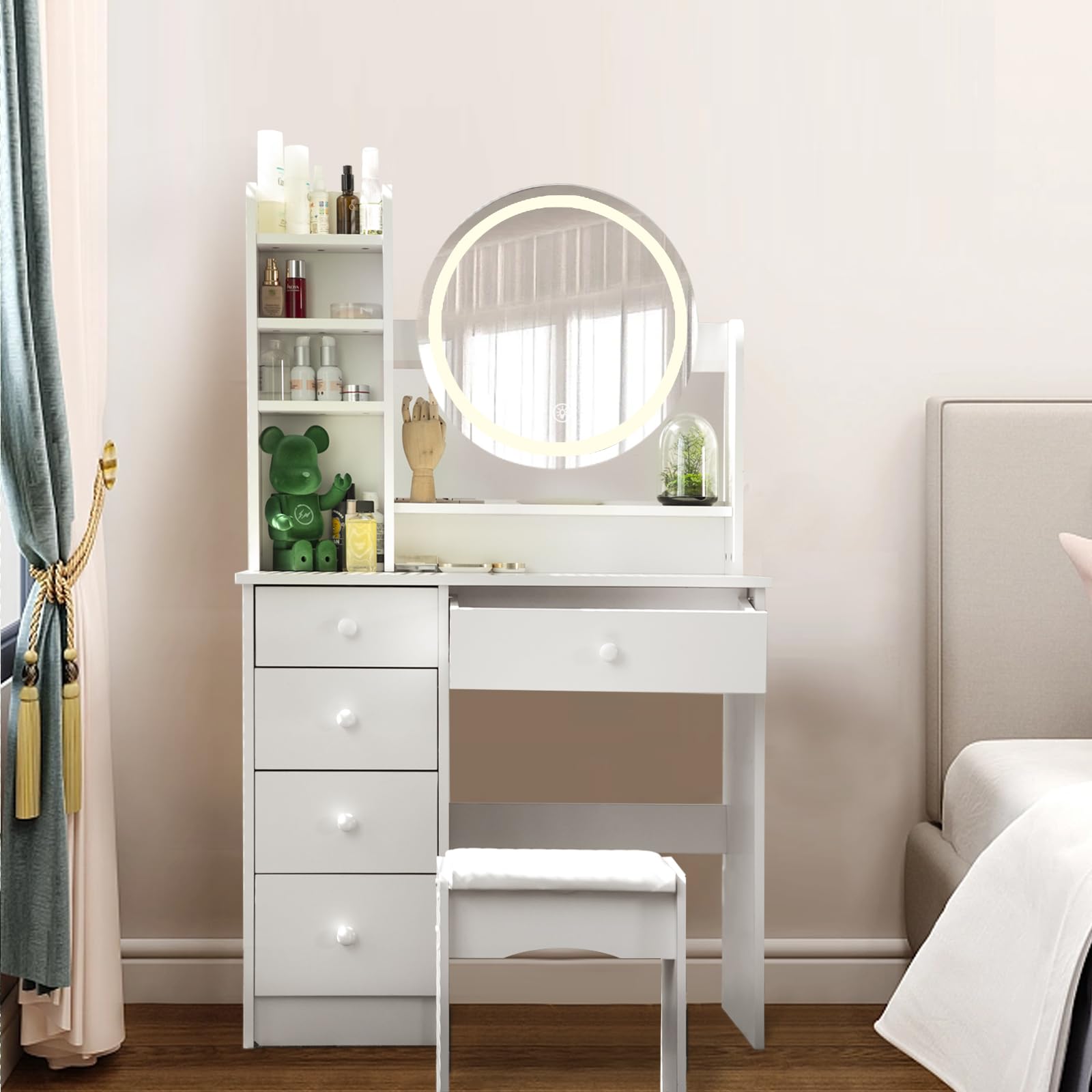 AIMEZO Small Makeup Vanity Desk with Mirror & LED Lights - Adjustable 3 Light Modes & Brightness - Vanity Table Set with Storage Drawer, Chair & 4 Shelves - Perfect for Bedroom, Dressing Room & Home Beauty Station - White