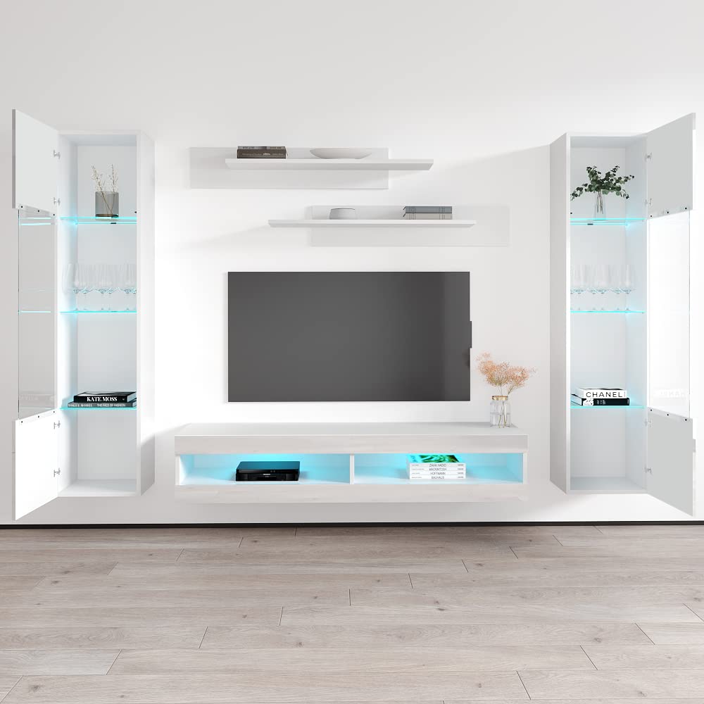 Modern Floating TV Stand with Storage & LED Lights - Wall-Mounted Entertainment Center Console for Bedroom & Living Room - White TV Cabinet with Shelves (Perfect for Small Spaces & Home Theater Setup)