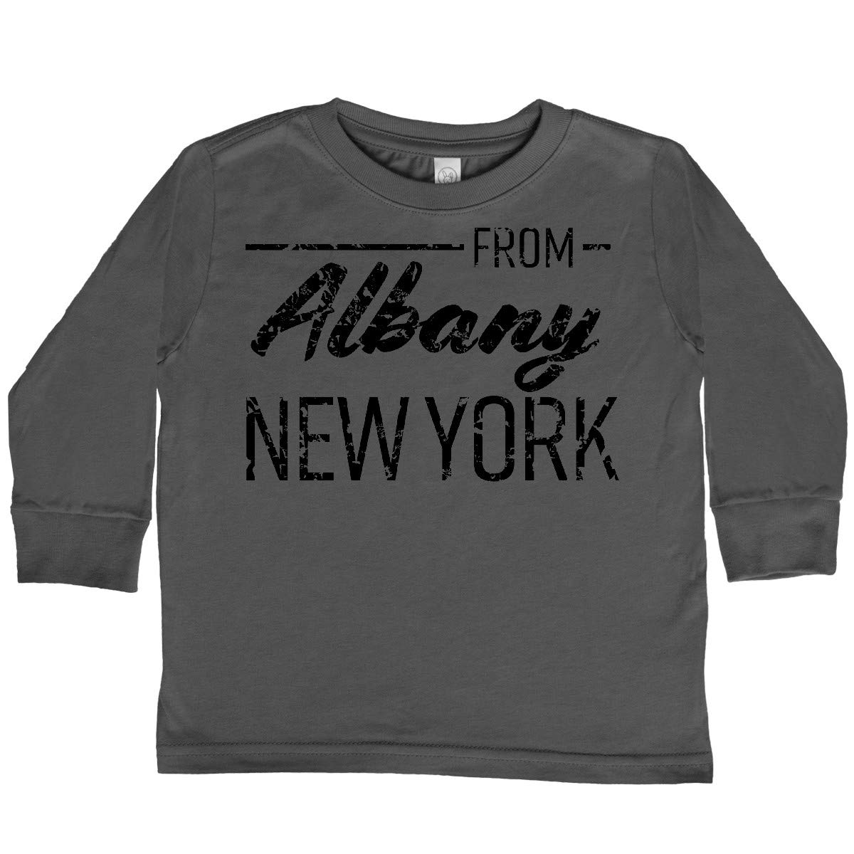 Inktastic Black Distressed Toddler Long Sleeve T-Shirt - Soft Cotton Tee for Boys & Girls, Albany NY - Perfect for Playdates, Daycare & Family Outings