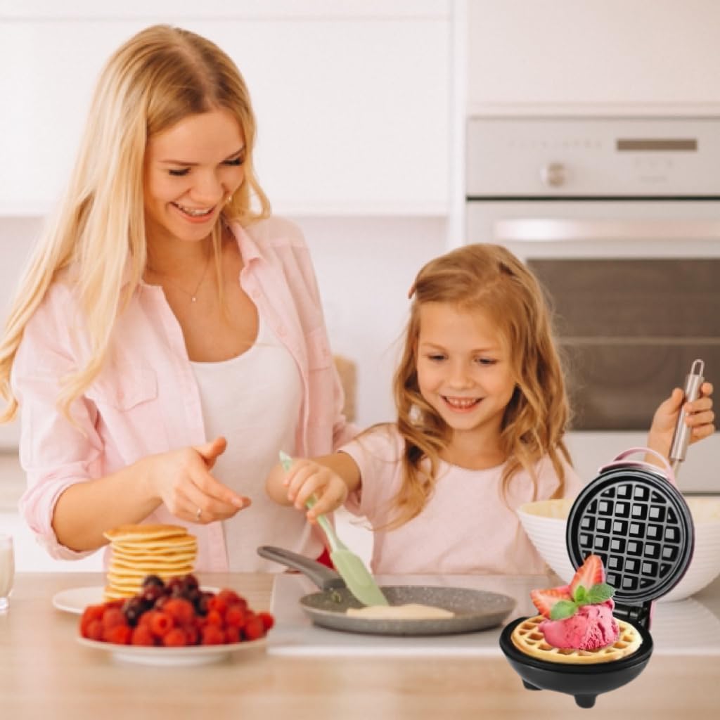 3-in-1 Mini Waffle Maker with Removable Plates - Make Waffles, Donuts & Pancakes - Nonstick Surface for Easy Cleaning - Perfect for Breakfast, Brunch & Kids Snacks - Great Holiday Gift (Pink)