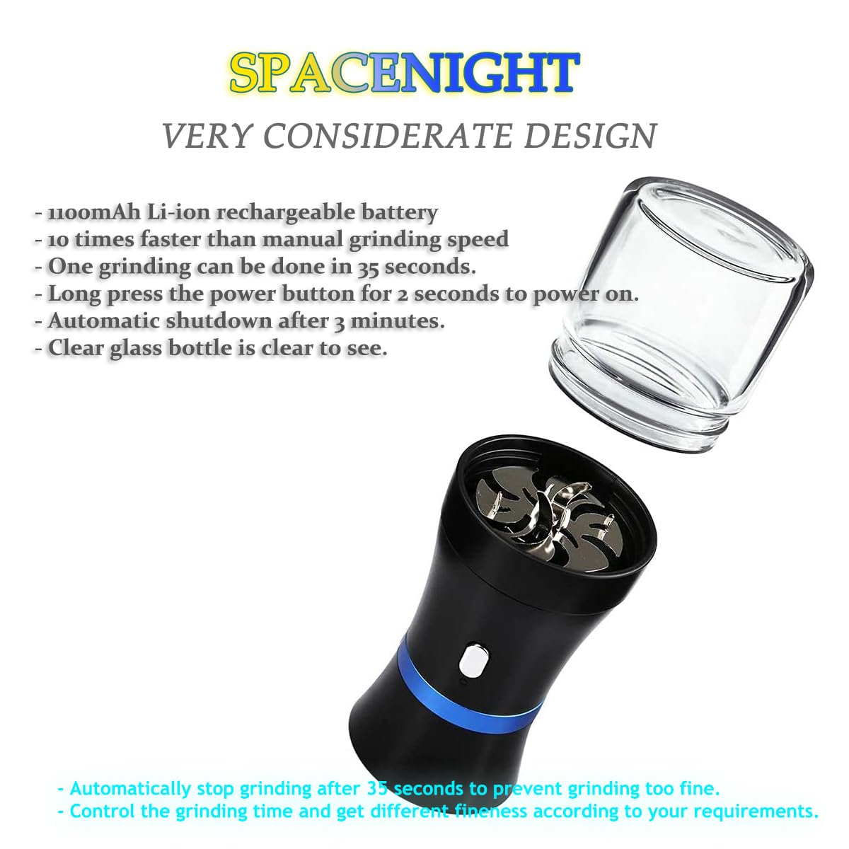 Electric Herb Grinder - Compact USB Rechargeable for Flower Buds, 2 Pack with 1.7oz Glass Chambers | Perfect for Travel, Home Use & Everyday Carry | Fast Grinding & Portable Design
