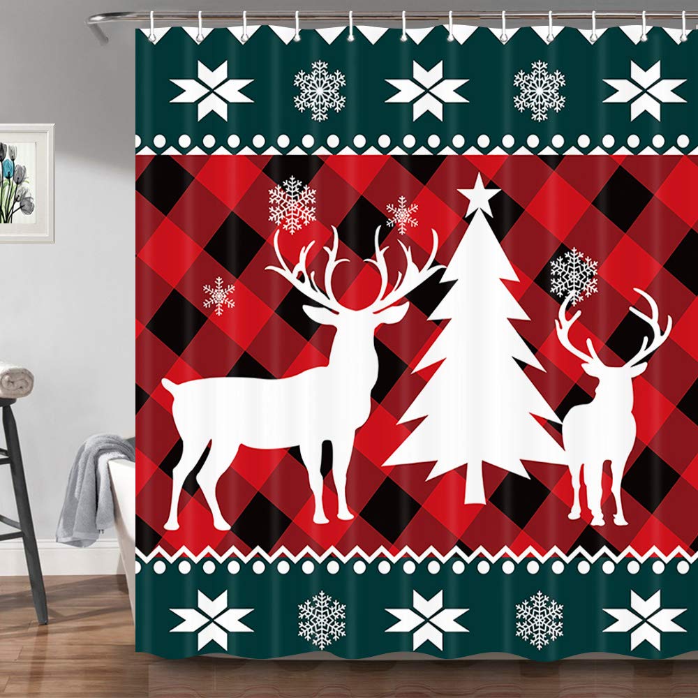 JAWO Christmas Fabric Shower Curtain with 12 Hooks - Festive Red Buffalo Check Plaid Design with Cute Tree & Reindeer - 69 x 70 Inches Machine Washable Bathroom Decor for Holiday Home & Party Decorations