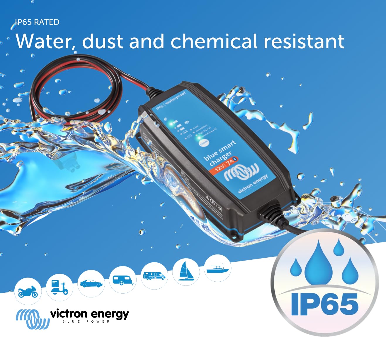 Victron Energy Blue Smart IP65 12V 7A Smart Battery Charger - Waterproof Motorcycle, ATV, RV Battery Maintainer with Float/Trickle Charge & Desulfation for Lithium, Deep Cycle, Lead Acid Batteries - Perfect for Marine, Camping & Off-Grid Power Storage