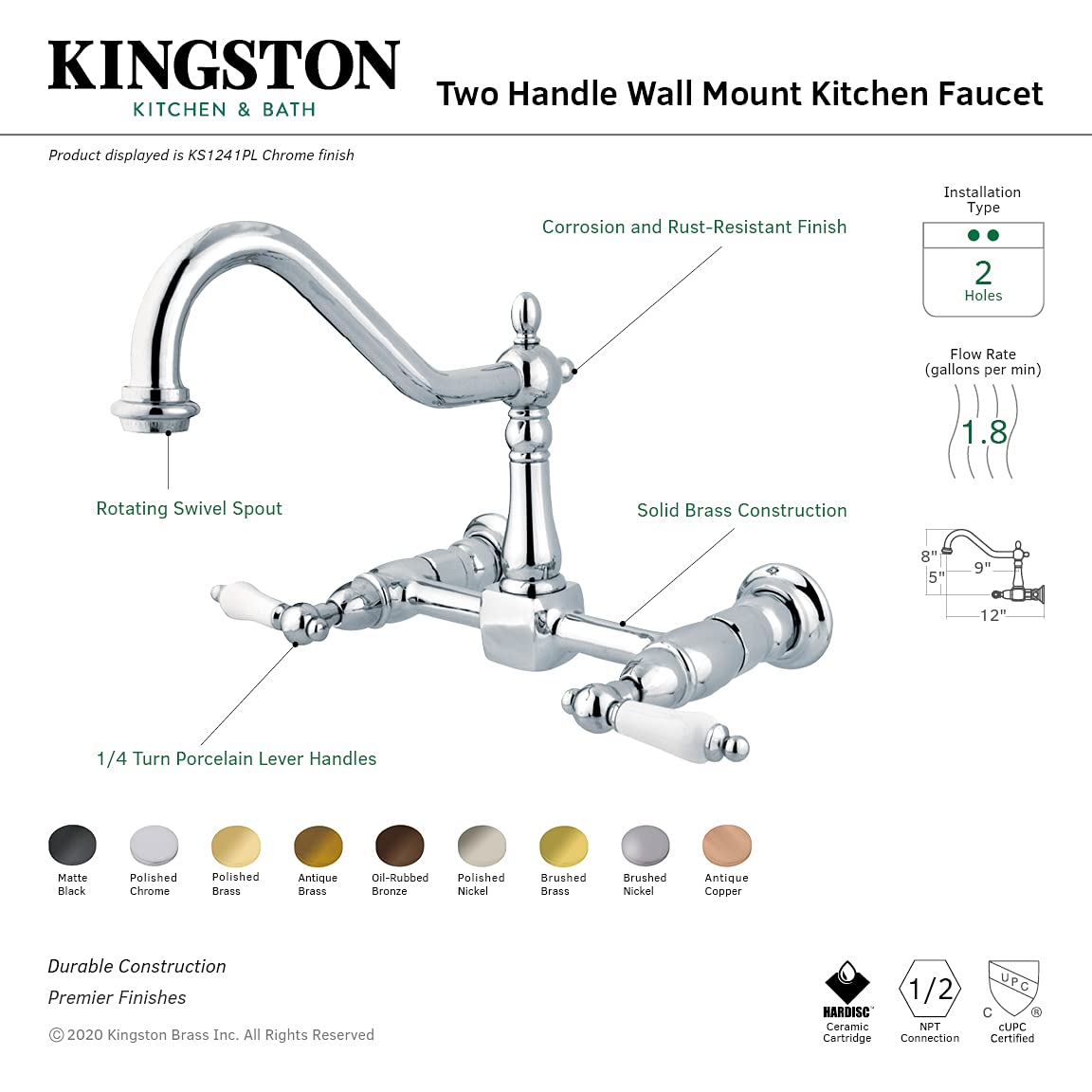 Elements of Design ES1245PL 8-Inch Oil Rubbed Bronze Wall Mount Kitchen Faucet with Porcelain Lever Handle - Perfect for Farmhouse, Vintage, and Industrial Style Kitchens