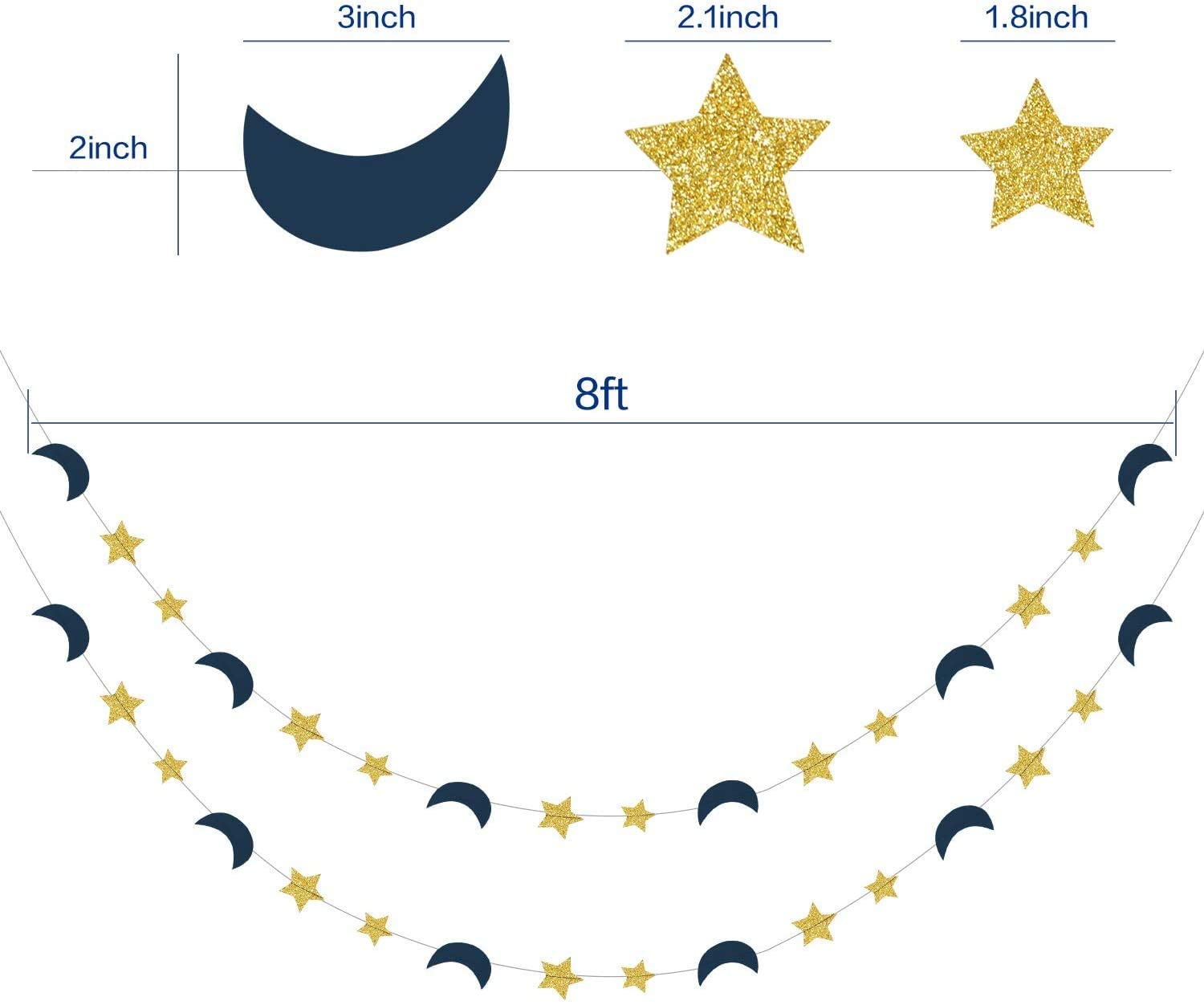 Moon and Star Garland Decorations - Navy Gold Glitter Outer Space Themed Party Decor for Weddings, Baby Showers & Birthdays | Perfect for Ceiling, Wall & Backdrop Decorations