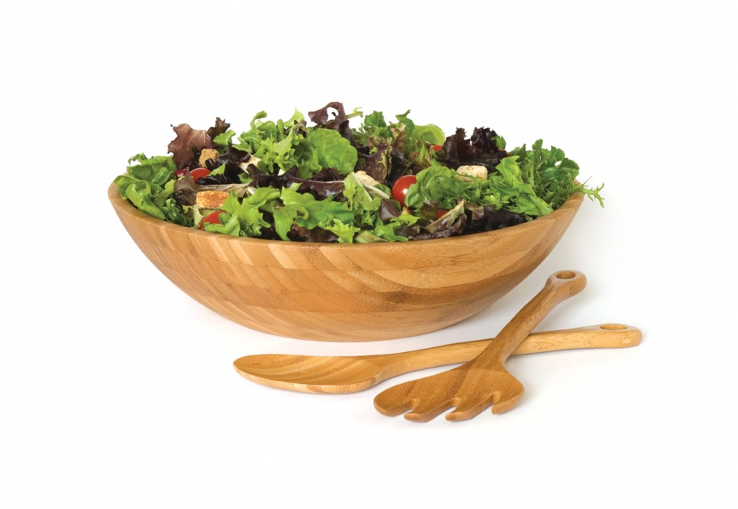 Lipper International 7-Piece Bamboo Wood Salad Bowl Set with Serving Utensils - Eco-Friendly, Durable & Lightweight for Healthy Meals, Entertaining & Picnics