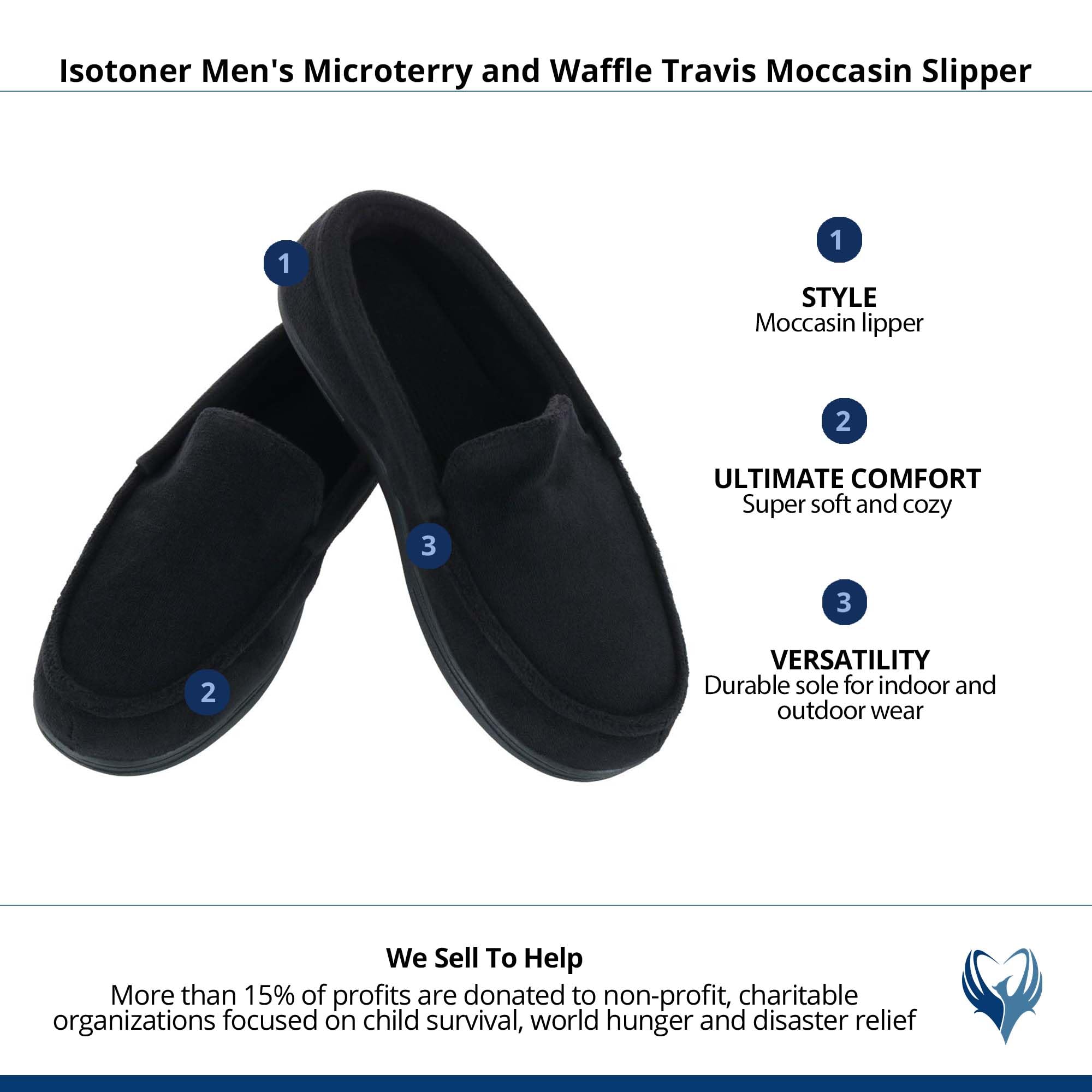 Isotoner Men's Microterry & Waffle Travis Moccasin Slippers - Memory Foam Insole, Durable Rubber Outsole - Comfortable House Shoes for Indoor/Outdoor Wear, Lounge, Travel & Gift Giving