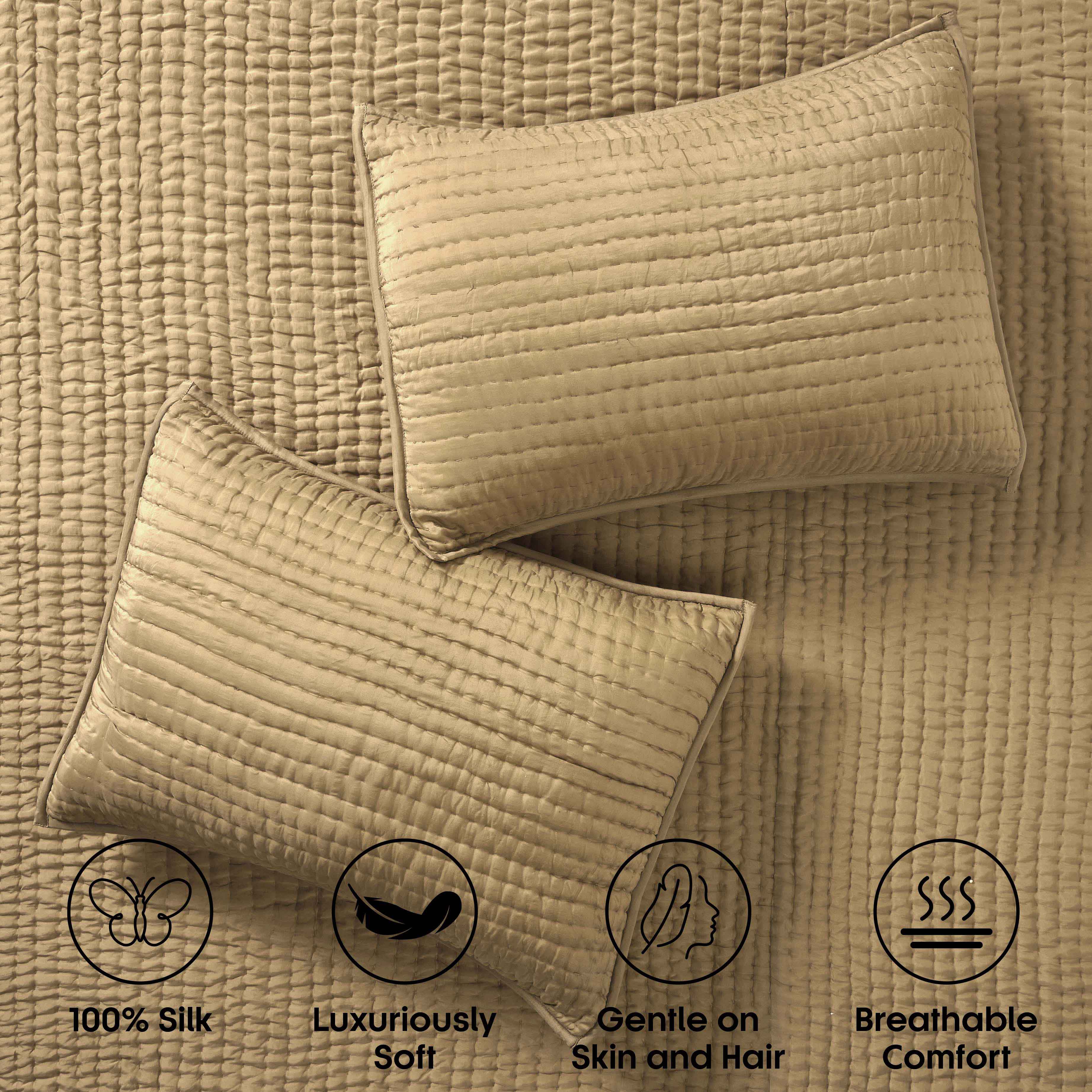 Bella 100% Pure Silk Pick Stitch Medium Weight Quilt & Sham Set - Queen Size Luxury Bedding for Elegant Bedroom Decor & Cozy Sleep