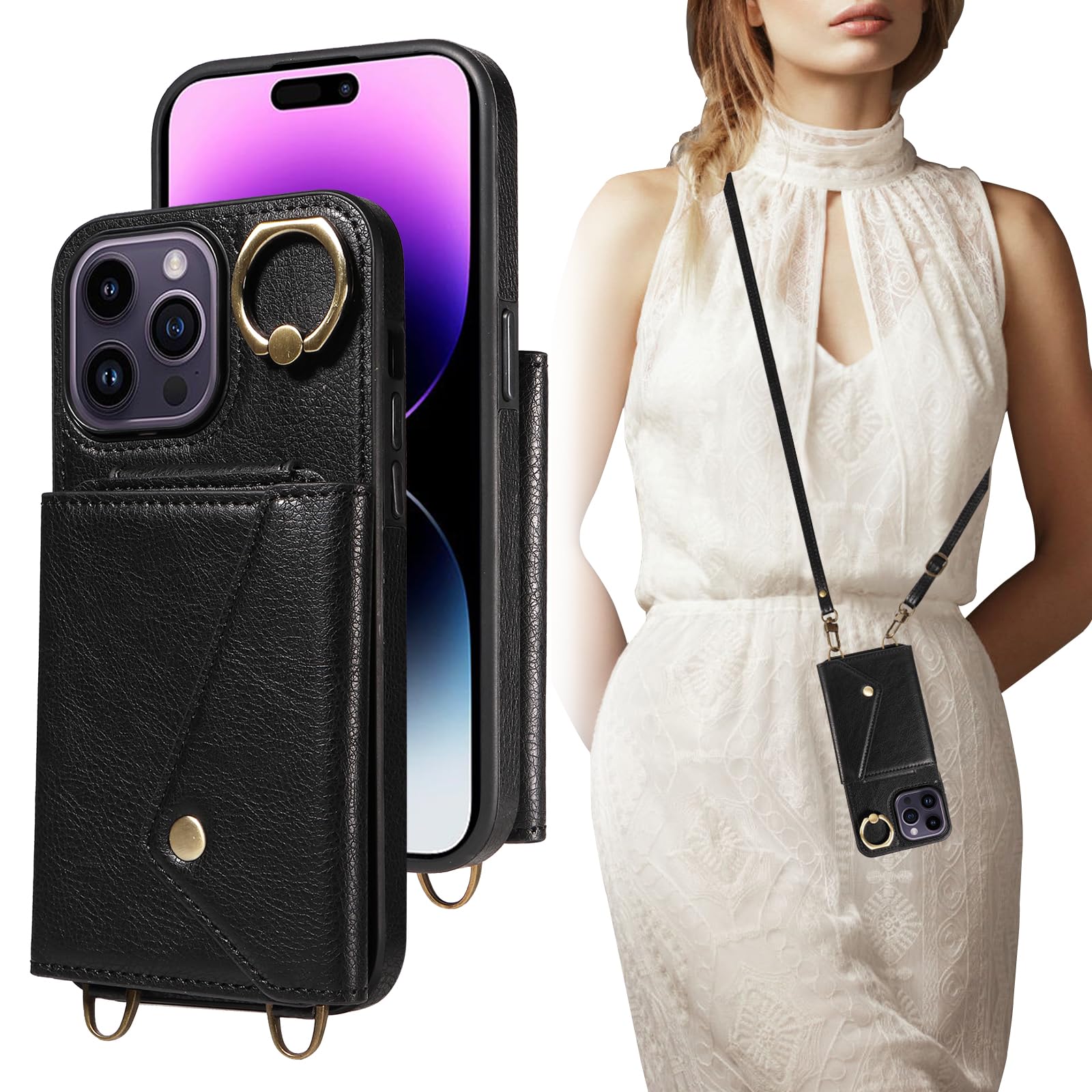 Premium Leather Crossbody Wallet Case for iPhone 15 Pro Max - Card Holder & Shockproof Flip Cover with Adjustable Long Shoulder Strap (Black) | Perfect for Travel, Shopping & Hands-Free Daily Use