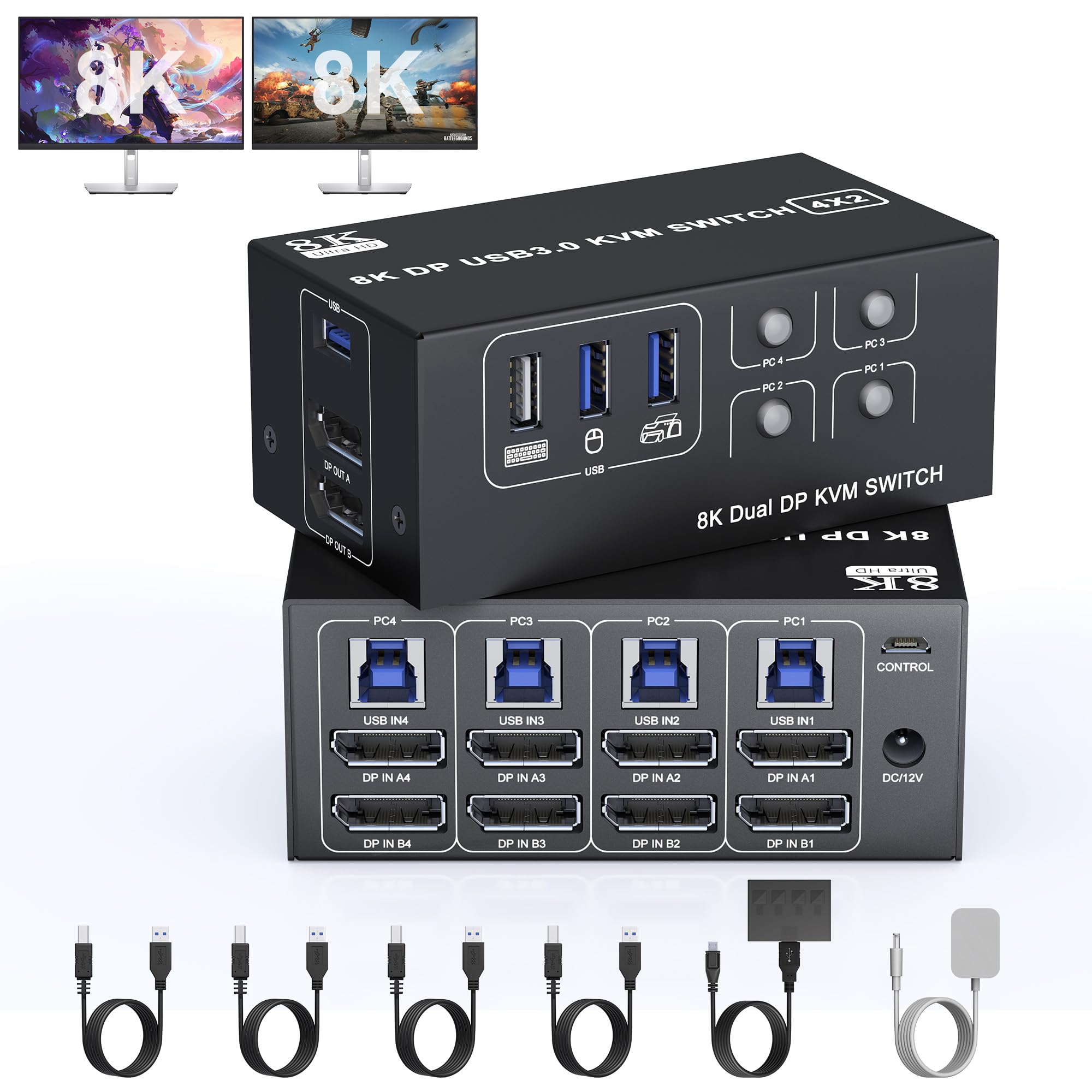 8K 60Hz 4K 120Hz Dual Monitor KVM Switch - 4 Port DisplayPort 1.4 with 3 USB 3.0 Ports | Connect 2 PCs/Laptops to Share Mouse, Keyboard & 4 USB Devices | Perfect for Home Office, Gaming, Streaming & Multi-Tasking Workstations | Boost Productivity & Gaming Performance