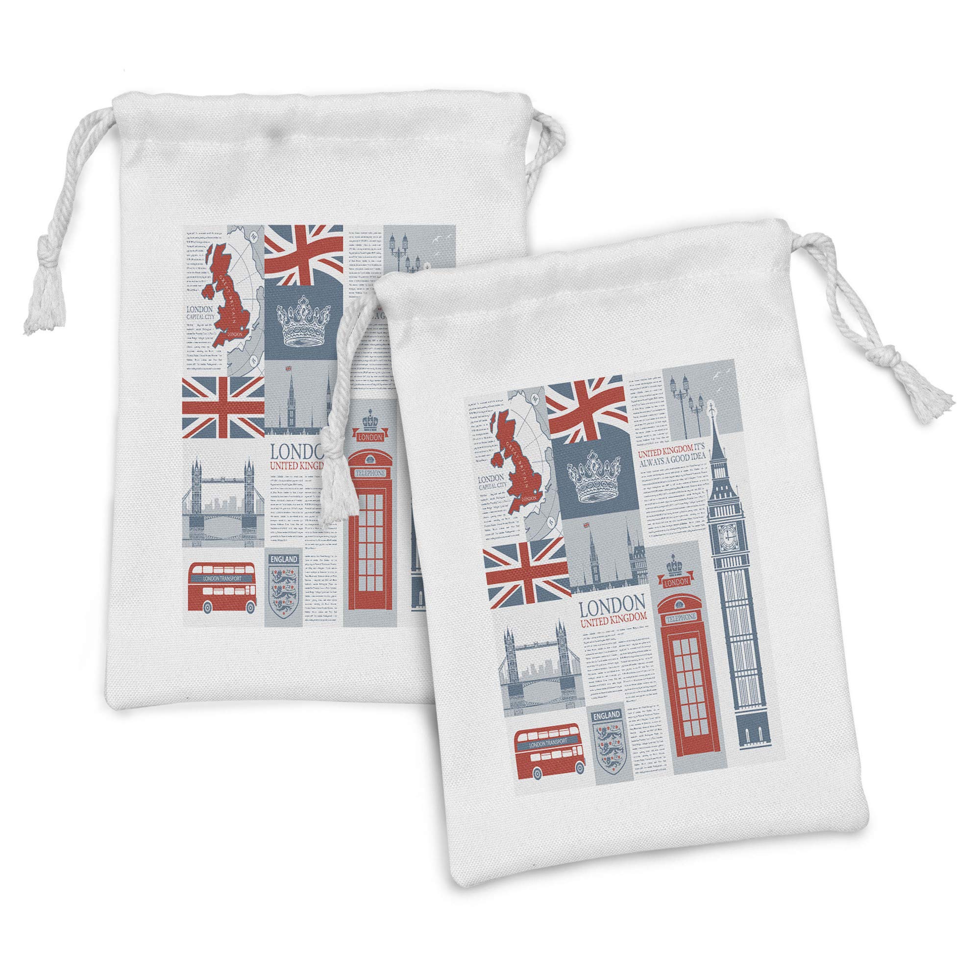 Ambesonne 2-Pack London UK Themed Fabric Drawstring Pouches - Landmarks & Flags Design, 9