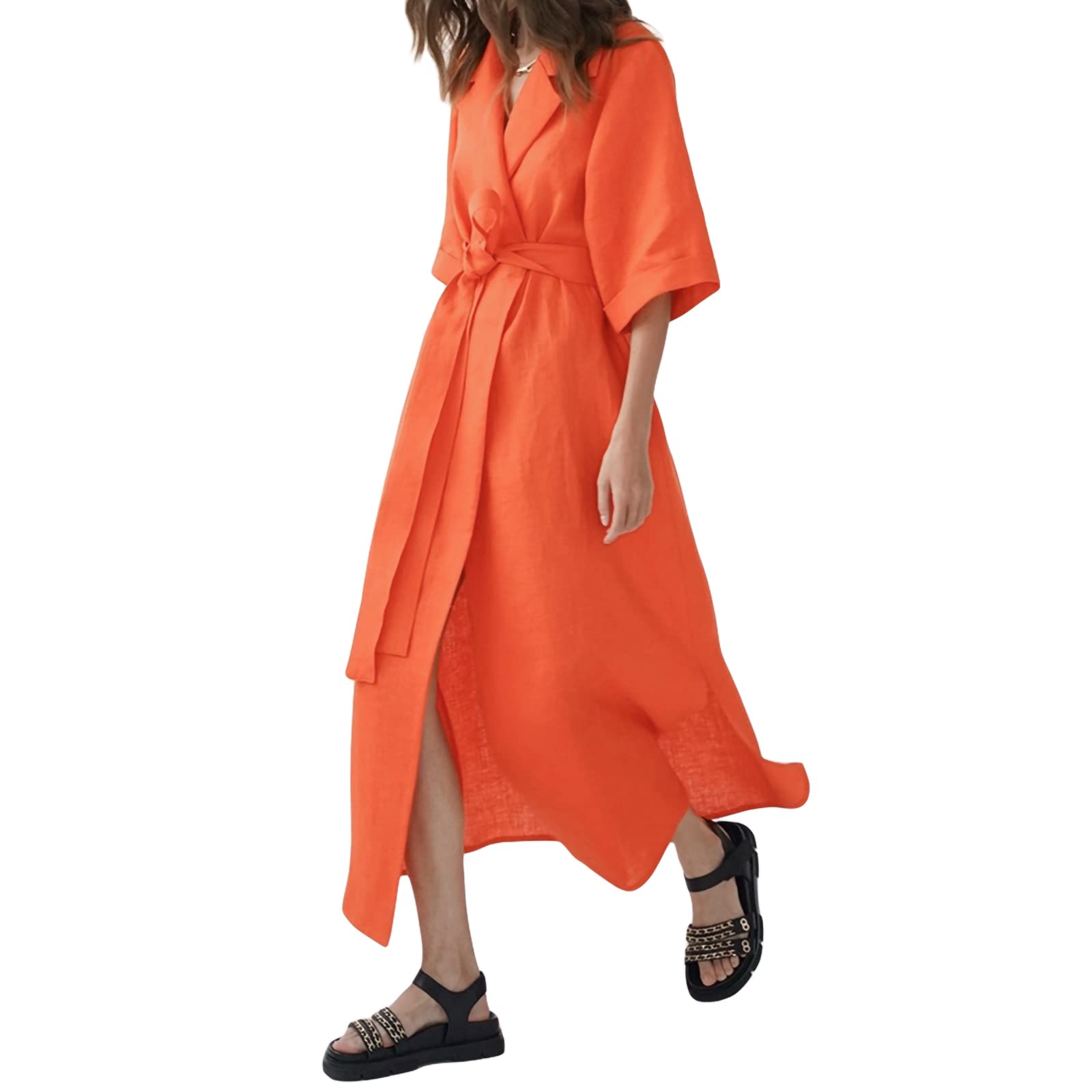 NaranjaBurbuja Women's Summer Office Dress - Solid Color Notched Lapel Half Sleeve Belted Casual Dress for Work & Outdoor (Green/Orange, Medium) | Perfect for Business Meetings, Office Wear & Summer Outings