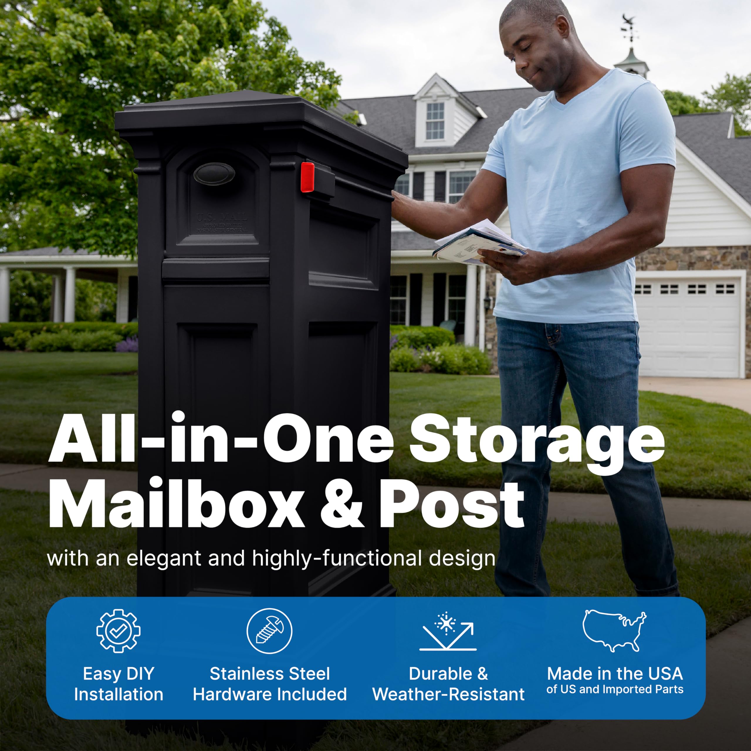 Step2 Atherton Reserve Large Outdoor Mailbox with Extra Storage - Weather Resistant Durable Plastic Mailbox & Post - Easy Installation with Flag Included (Onyx Black) - Perfect for Homes, Apartments & Rural Areas