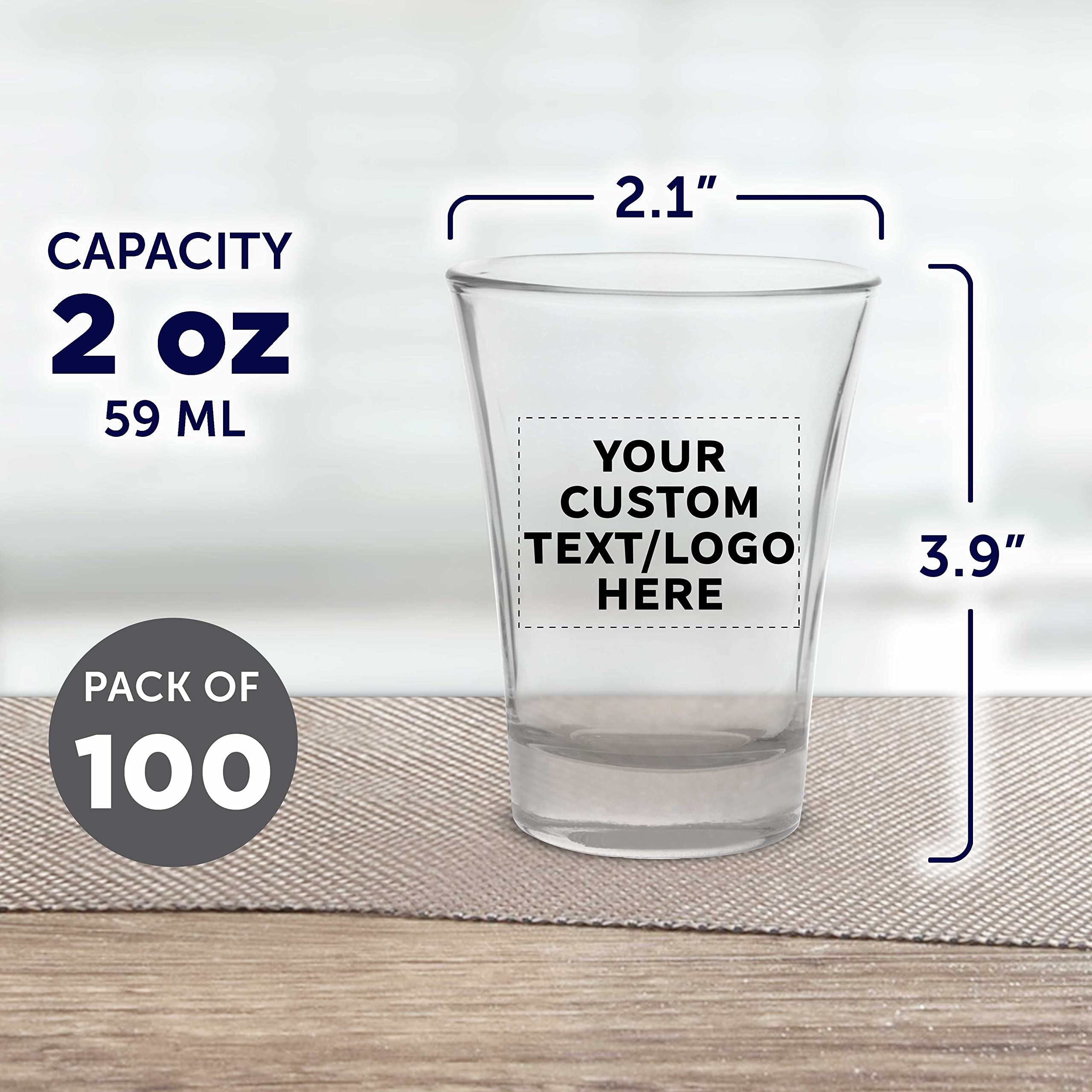 Custom 2 oz Shot Glasses Bulk Set of 100 - Personalized Barware for Weddings, Parties & Gifts - Clear Glass Drinking Cups - Perfect for Bachelor Parties, Birthday Celebrations & Corporate Events
