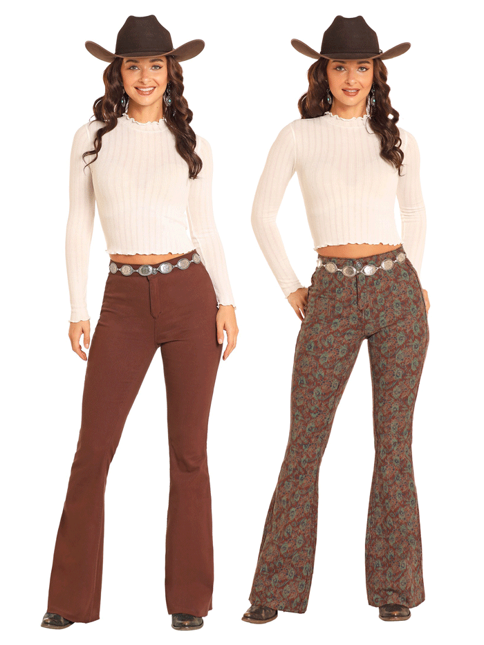Rock & Roll Denim Women's Reversible Aztec Print Button Flare Pants - Brown | Boho Chic 70s Style Jeans for Casual Wear & Music Festivals