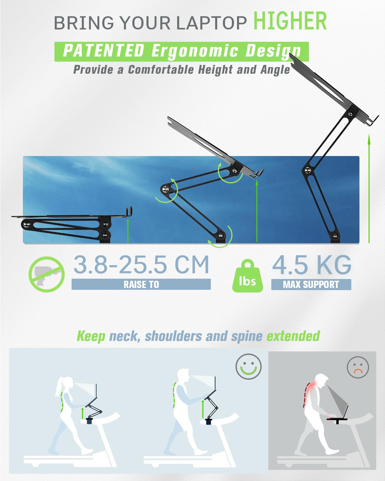 INMAKER Universal Treadmill Desk Attachment - Adjustable Height & Width Aluminum Laptop Stand with Tray for Treadmill Workouts (Black) | Perfect for Home Office, Work While Walking, Fitness Enthusiasts