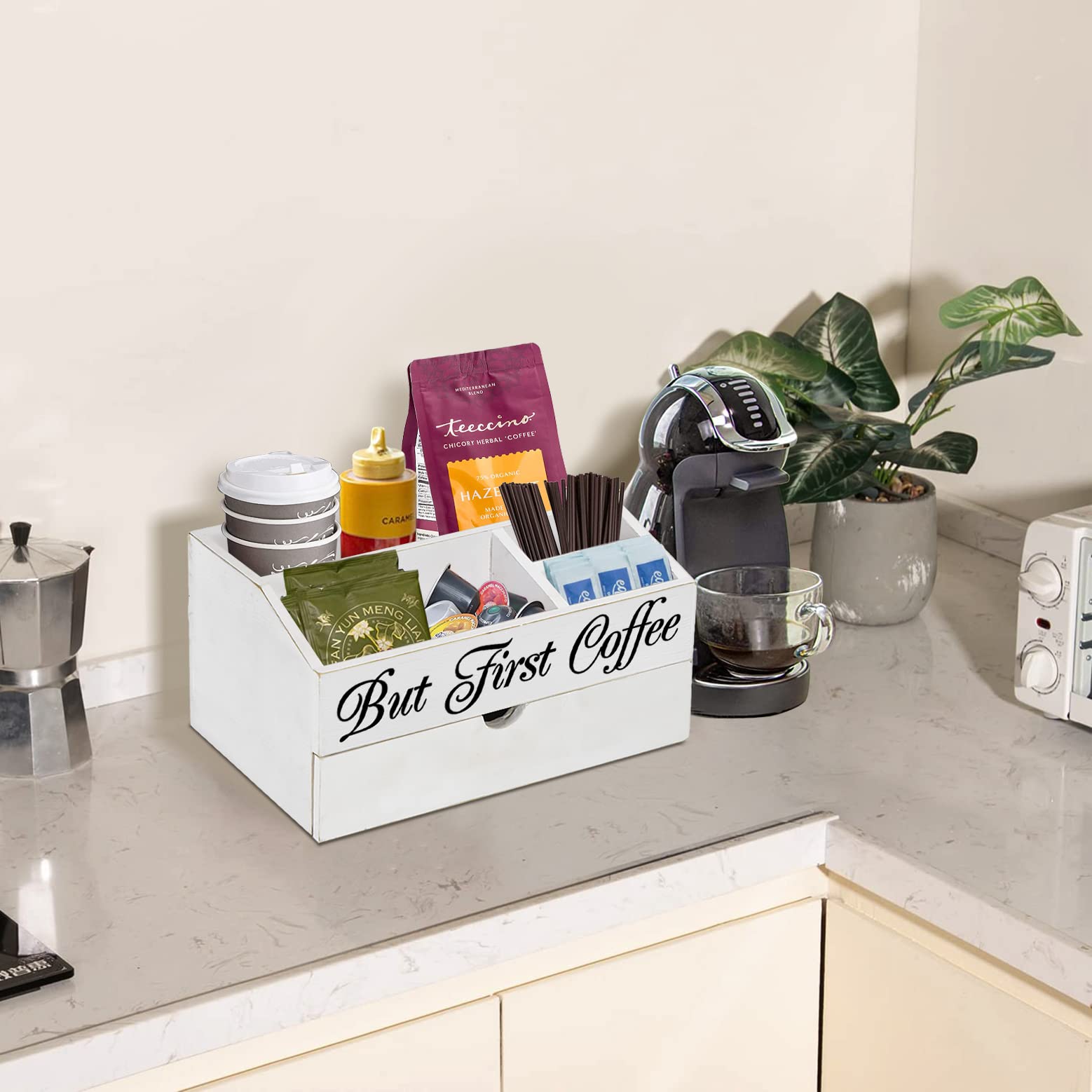 Wooden Coffee Station Organizer with Drawer - K-Cup Pod Holder, Tea Bag & Condiment Storage - Countertop Bar Accessories for Coffee Lovers - Perfect for Kitchen, Office & Home Decor Gift