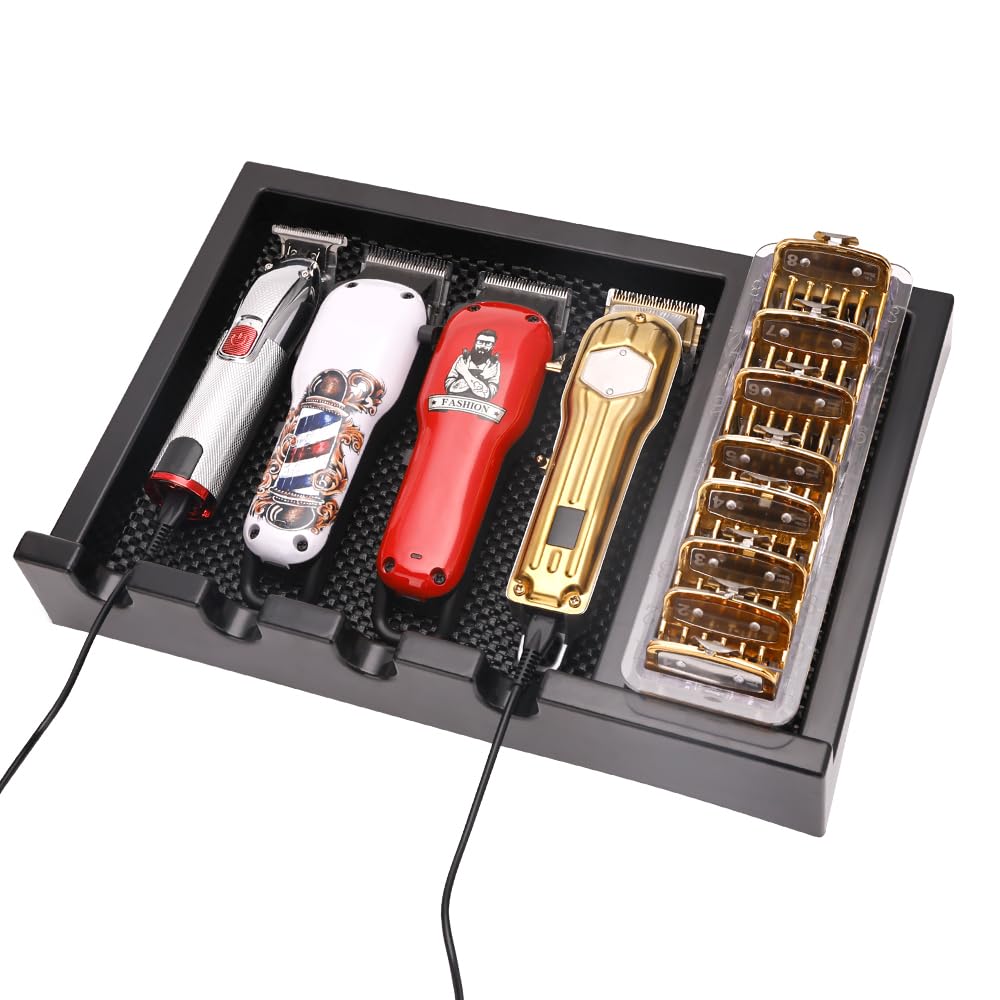 Professional Barber Clipper Tray Organizer - Anti-Slip Hair Trimmer Holder with 4 Notches, Razor Case & Tool Box for Salon, Home Grooming & Travel Use