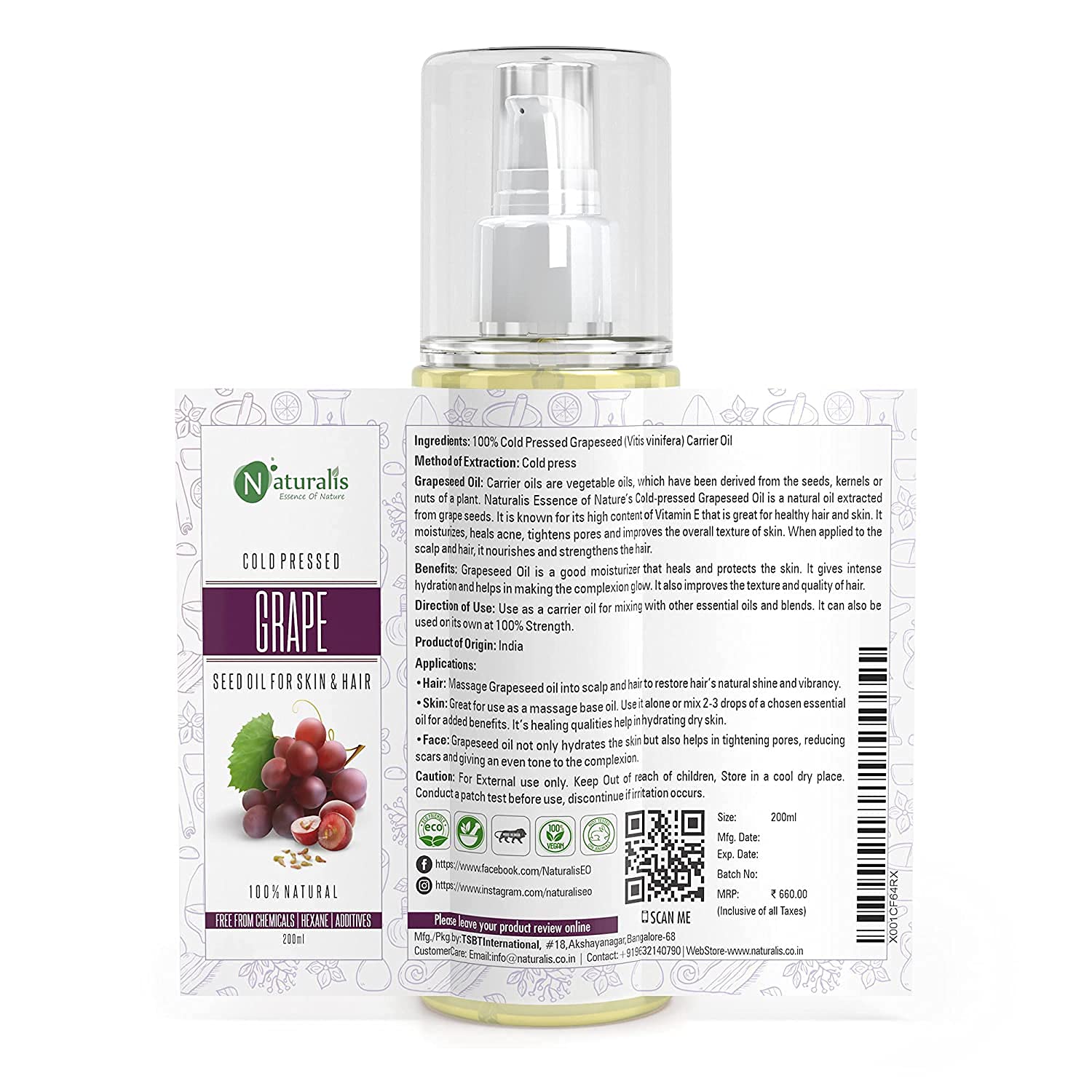 Naturalis Cold Pressed Grapeseed Oil 200ml - 100% Pure Carrier Oil for Hair Growth, Skin Tightening & Acne Treatment | Perfect for Face Massage, DIY Beauty & Aromatherapy