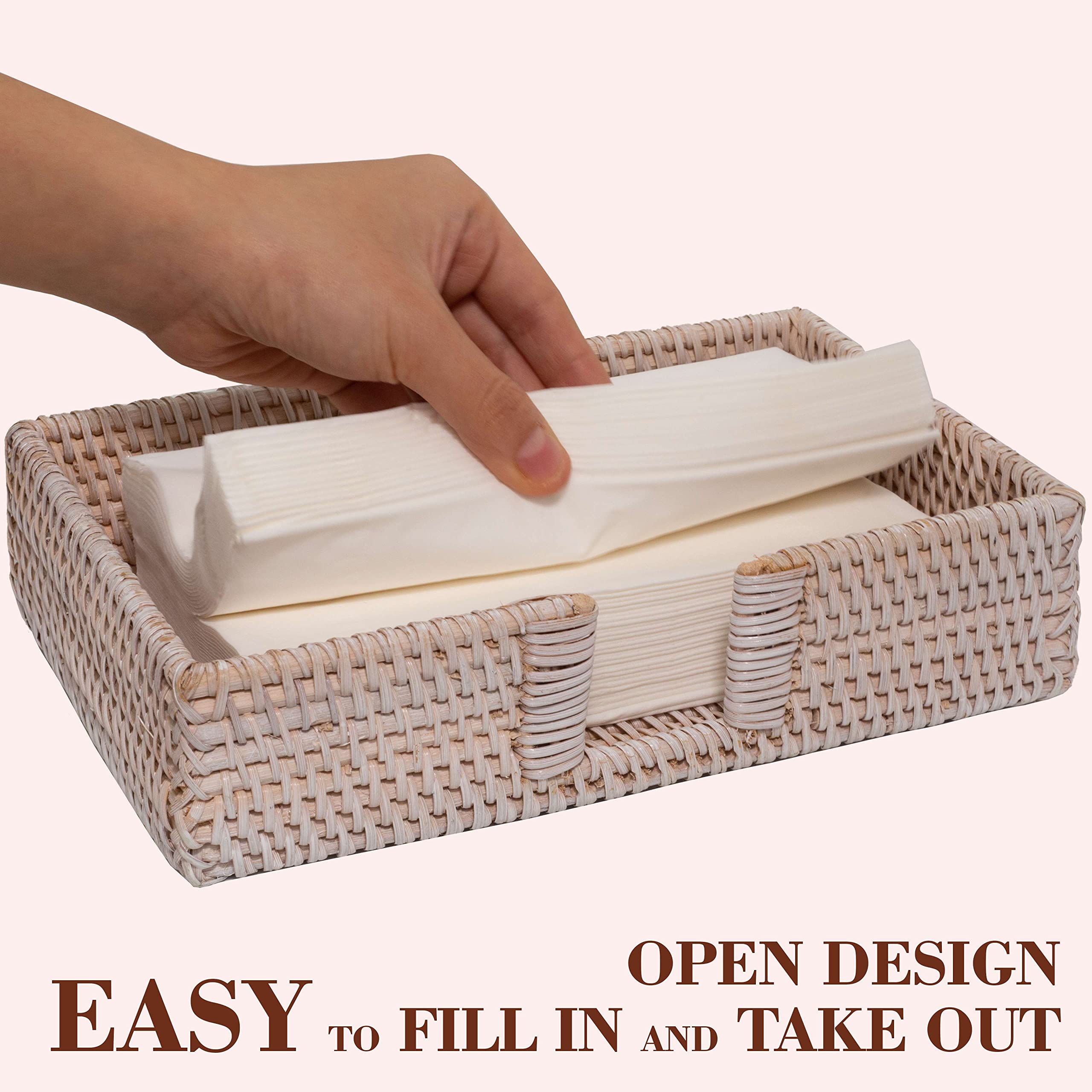 White Rattan Bathroom Towel Holder - Rectangular Wicker Tissue & Hand Towel Storage Basket (9.4