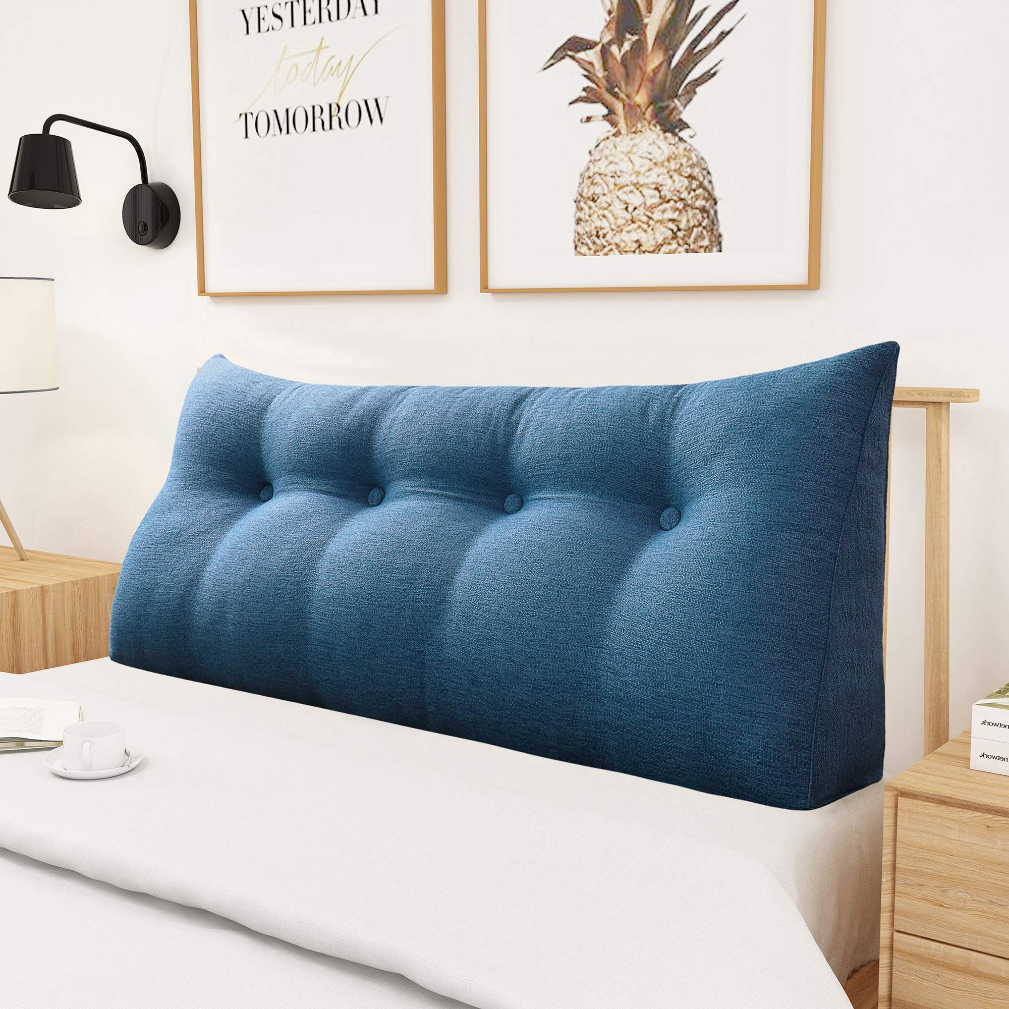 Triangular Headboard Wedge Pillow - Upholstered Linen Blue Full Size Bed Rest Pillow for Reading, Back Support & Gap Filling | Perfect for Daybeds, Sofas & Home Decor