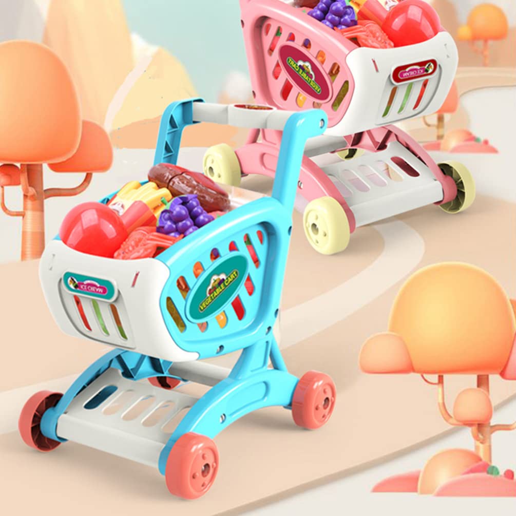 **Toyvian Blue Kids Shopping Cart Toy - Plastic Supermarket Handcart with Basket for Pretend Play, Kitchen & Grocery Store Role Play - Educational Toy for Toddlers & Preschoolers**