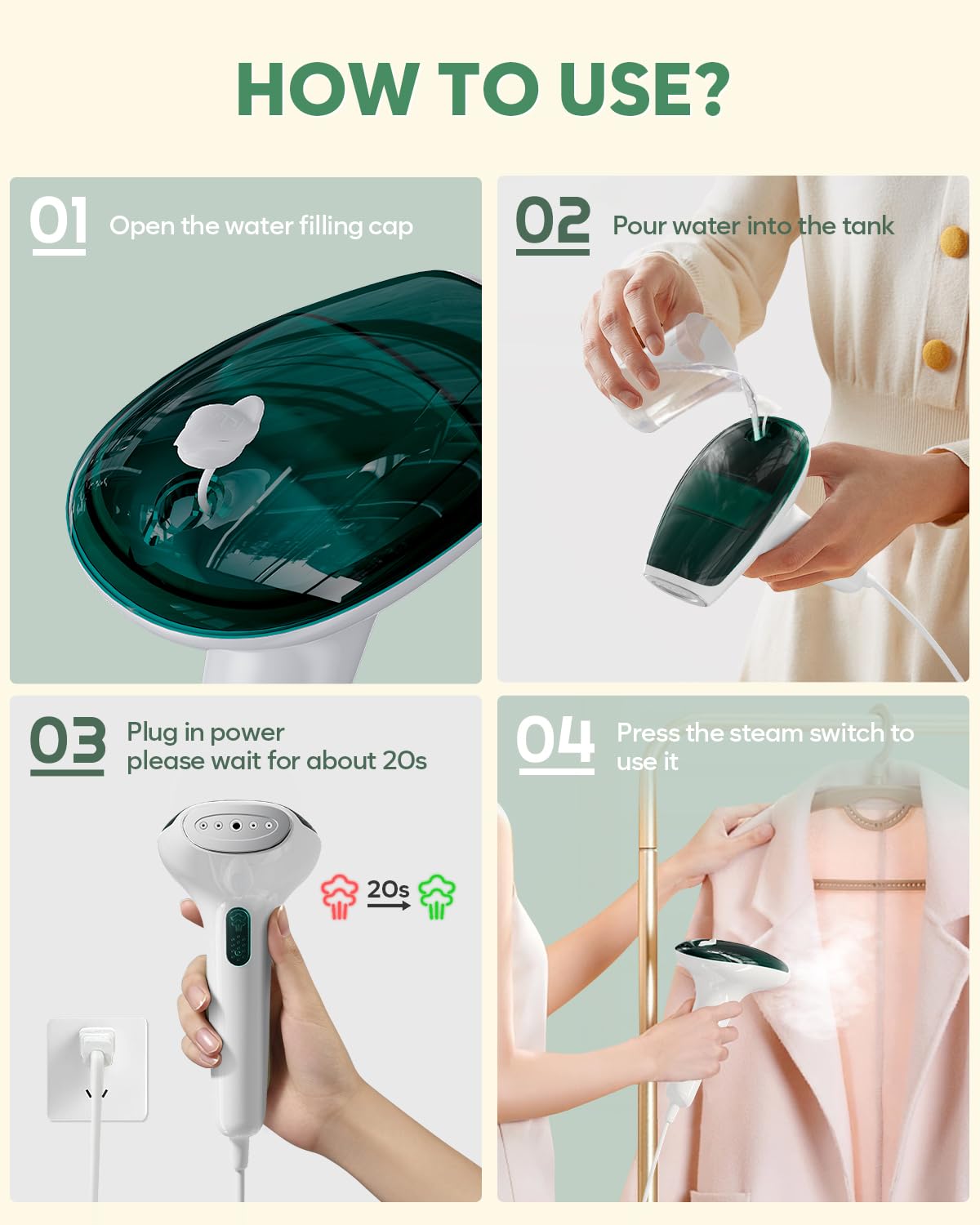 CPWORLD Steamer for Clothes - Portable Mini Travel Garment Steamer with 20-Second Fast Heat-up | Strong Penetrating Steam | Handheld Steamer for Home, Office & Travel | Includes Water Cup & Storage Bag | Perfect for Wrinkles Removal, Suit Care & Hotel Use