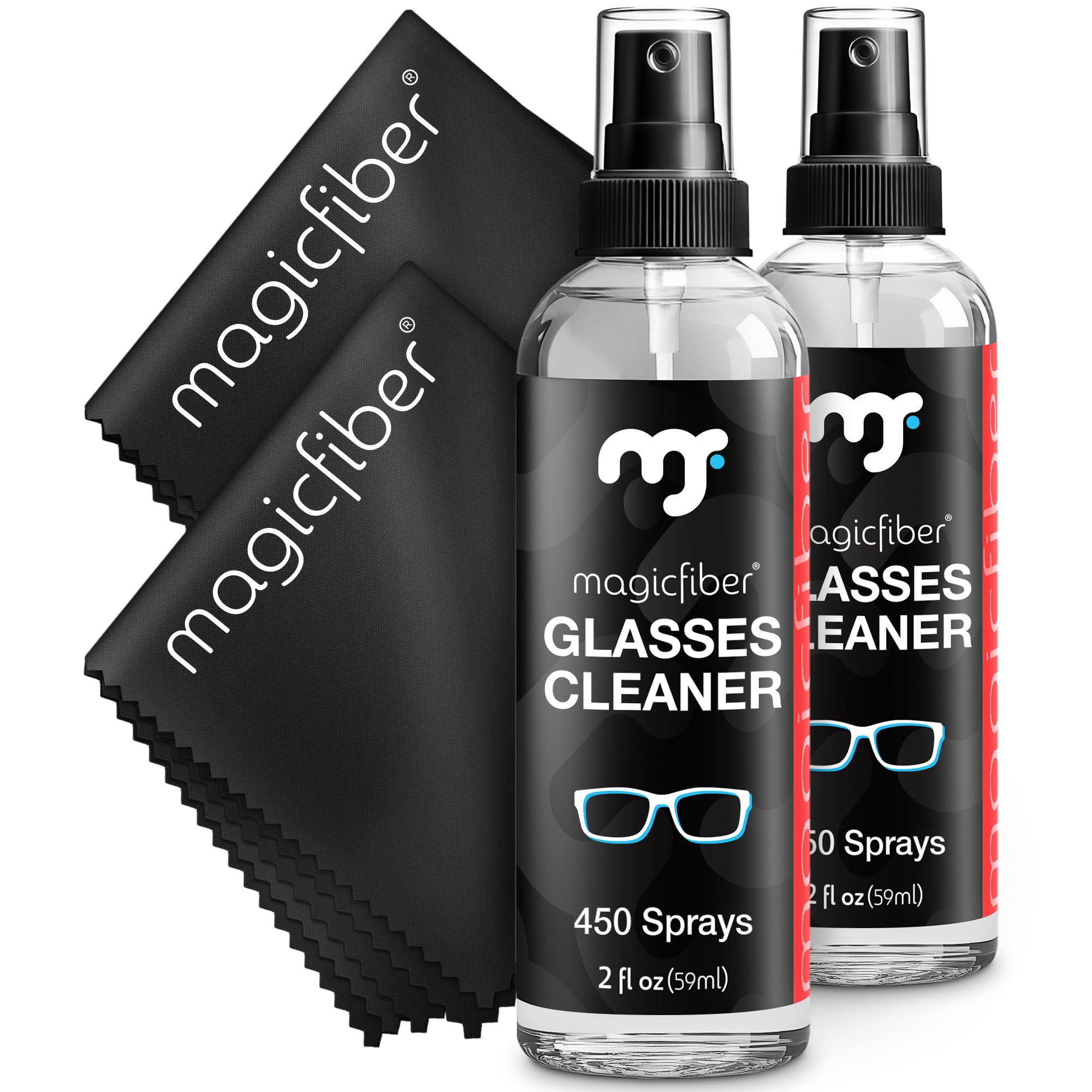 MagicFiber Glasses Cleaner Kit - (2) Eyeglass Cleaner Sprays + (2) Microfiber Cleaning Cloths - Perfect for Glasses, Lenses, Cameras, Screens, Sunglasses, Phones, Electronics, Computers, VR Headsets & TVs - Ideal for Home, Office, Travel & Outdoor Use