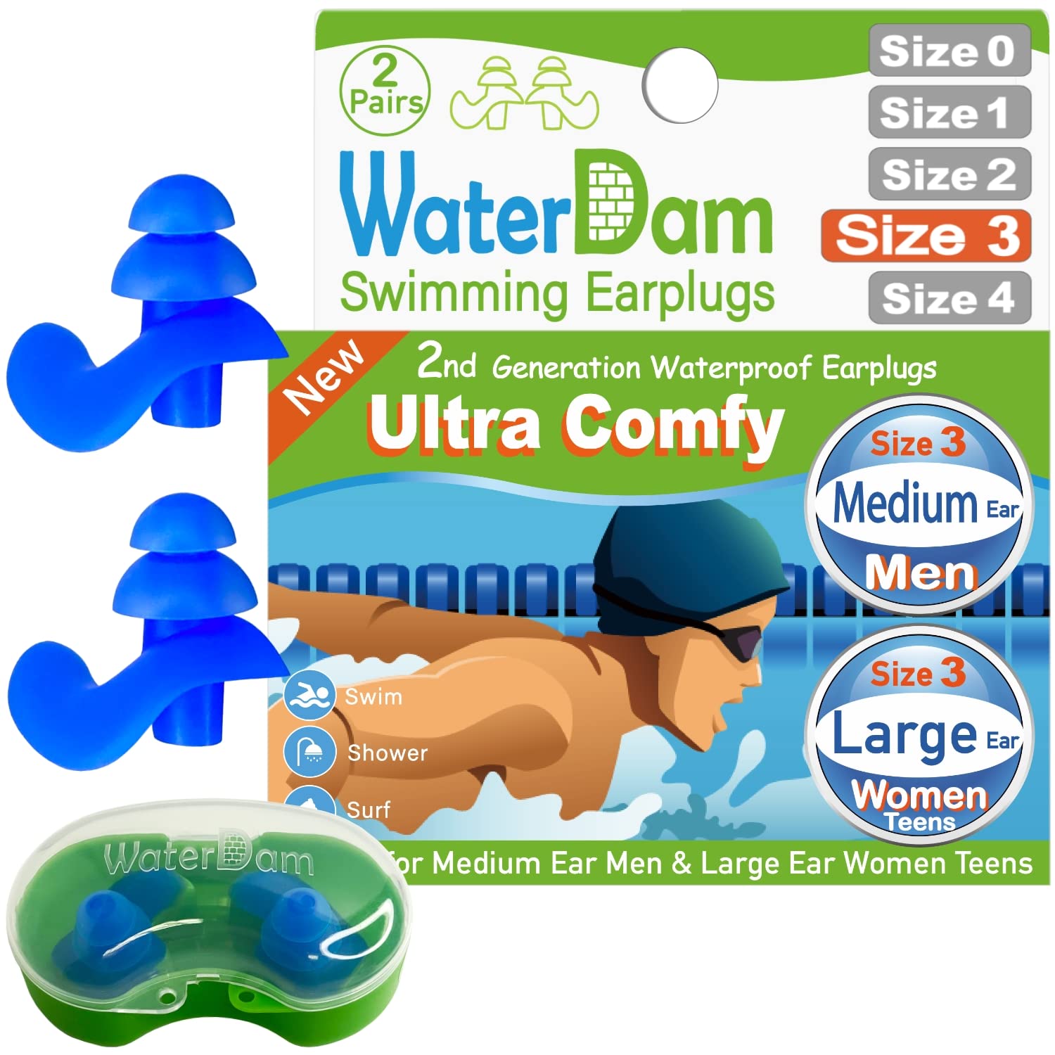 WaterDam Swimming Ear Plugs - Waterproof & Comfortable Ear Protection for Swimming, Surfing, Showering - Prevent Swimmer's Ear & Water Infections - Ideal for Pool, Beach & Water Sports