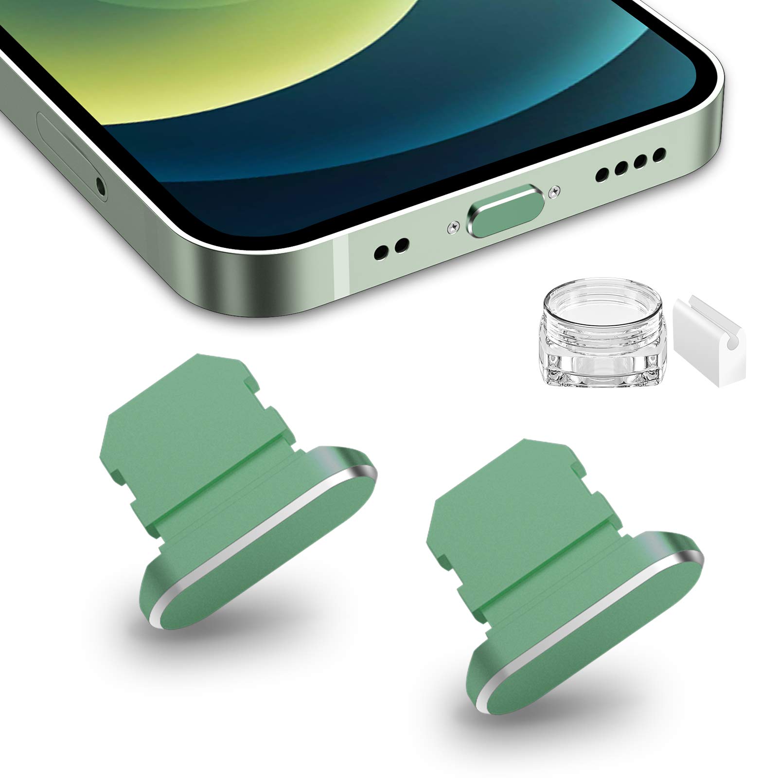 TITACUTE 2 Pack Anti Dust Plugs for iPhone 13 Pro Max/14/12 Mini/11/XS/XR/X/8 Plus/SE 2020-2022 & iPad Mini/Air - Charging Port Dust Covers with Mini Storage Box (Green) - Protect Your Device from Dust & Debris During Travel, Work, or Daily Use