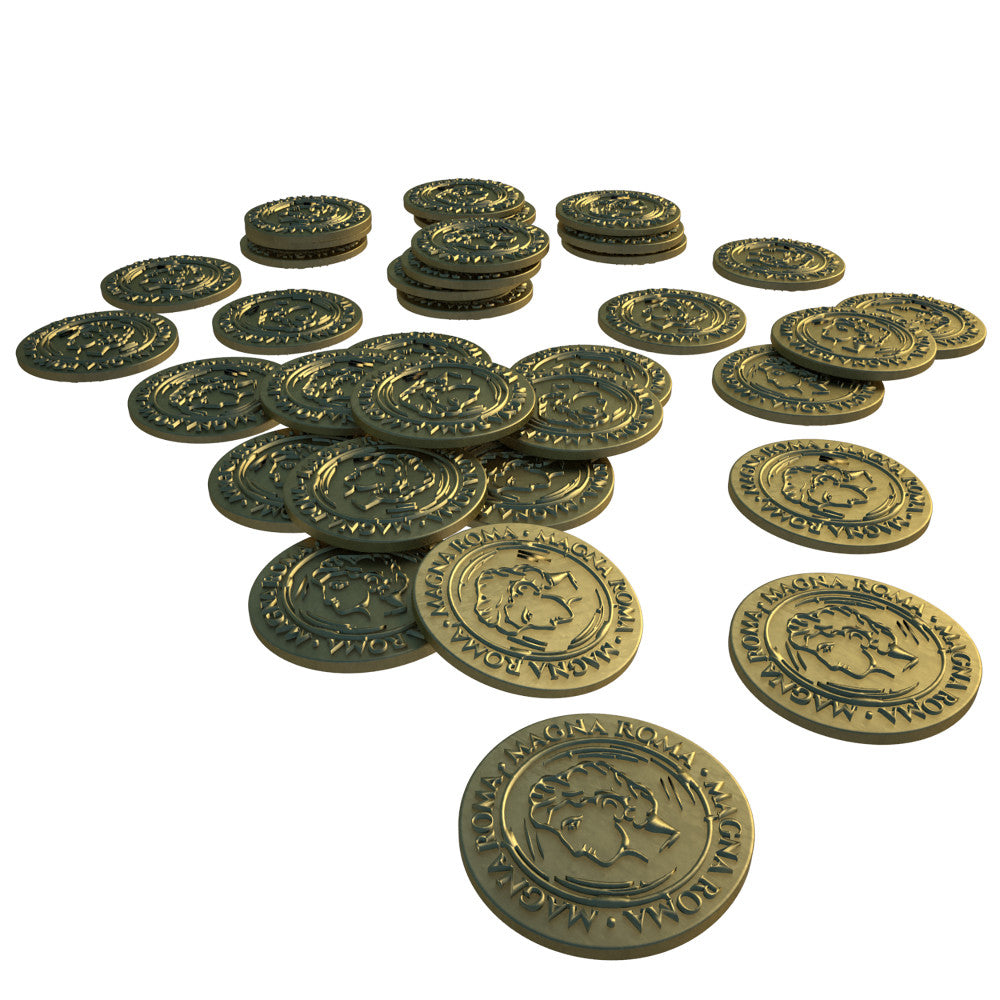 Magna Roma Metal Coins Set with Burgundy Pouch - 100 Roman Style Collectible Coins for Tabletop RPG, Board Games & Historical Reenactment