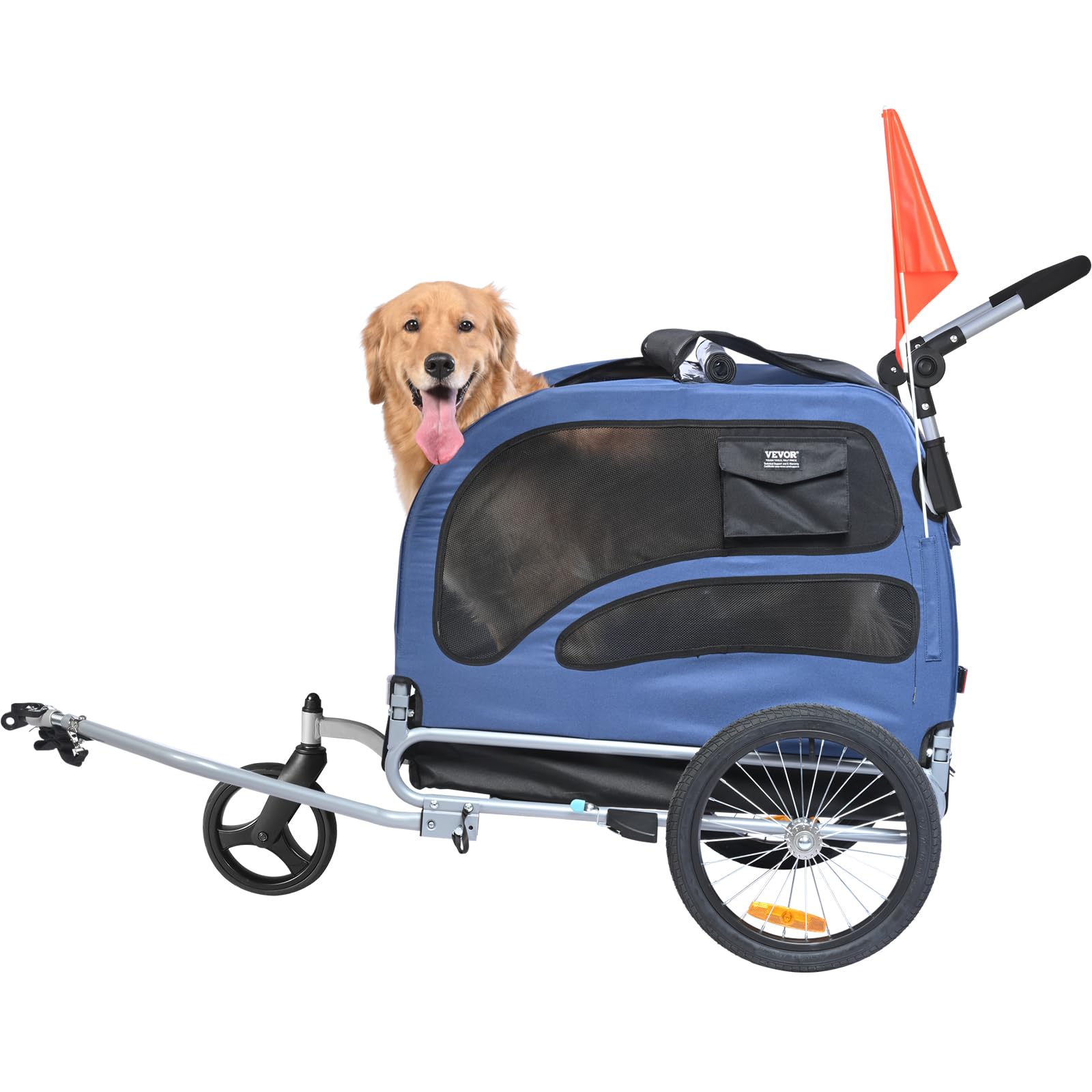 VEVOR 2-in-1 Dog Bike Trailer & Pet Stroller - 100 lbs Capacity, Foldable Bicycle Carrier with Quick Release Wheels, Universal Coupler, Safety Reflectors & Flag (Blue/Black) - Perfect for Cycling Adventures & Daily Walks with Your Pet