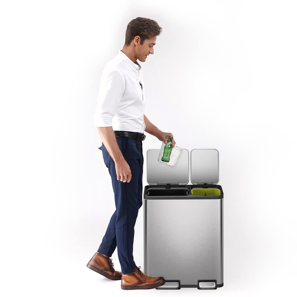 EKO EcoCasa 30L+20L Stainless Steel Dual Compartment Recycling Trash Can - Rectangular Kitchen Waste Bin with Independent Pedals & Soft-Close Lids, Fingerprint Resistant - Perfect for Eco-Friendly Homes, Office Break Rooms & Restaurant Kitchens
