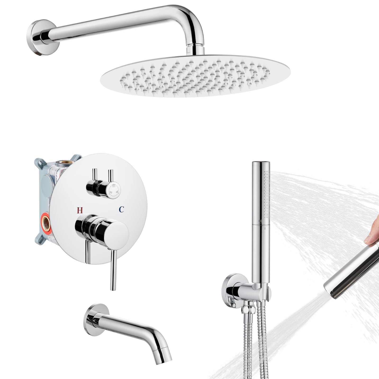 Airuida 10-Inch Chrome Round Shower System Set - Wall Mount 3-Function Rain Shower Faucet with 2-Function Handheld & Tub Spout - Perfect for Bathroom Renovation & Modern Home Upgrade