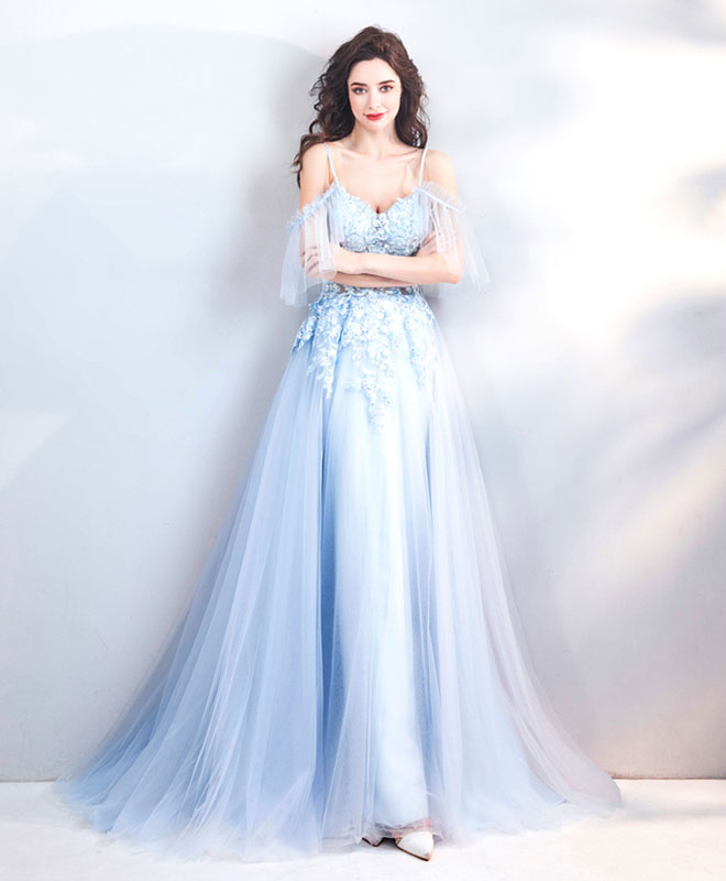 Elegant Light Blue Lace Tulle Long Prom Dress for Women - Formal Evening Gown for Homecoming, Wedding, Ball - Perfect for Special Occasions & Parties