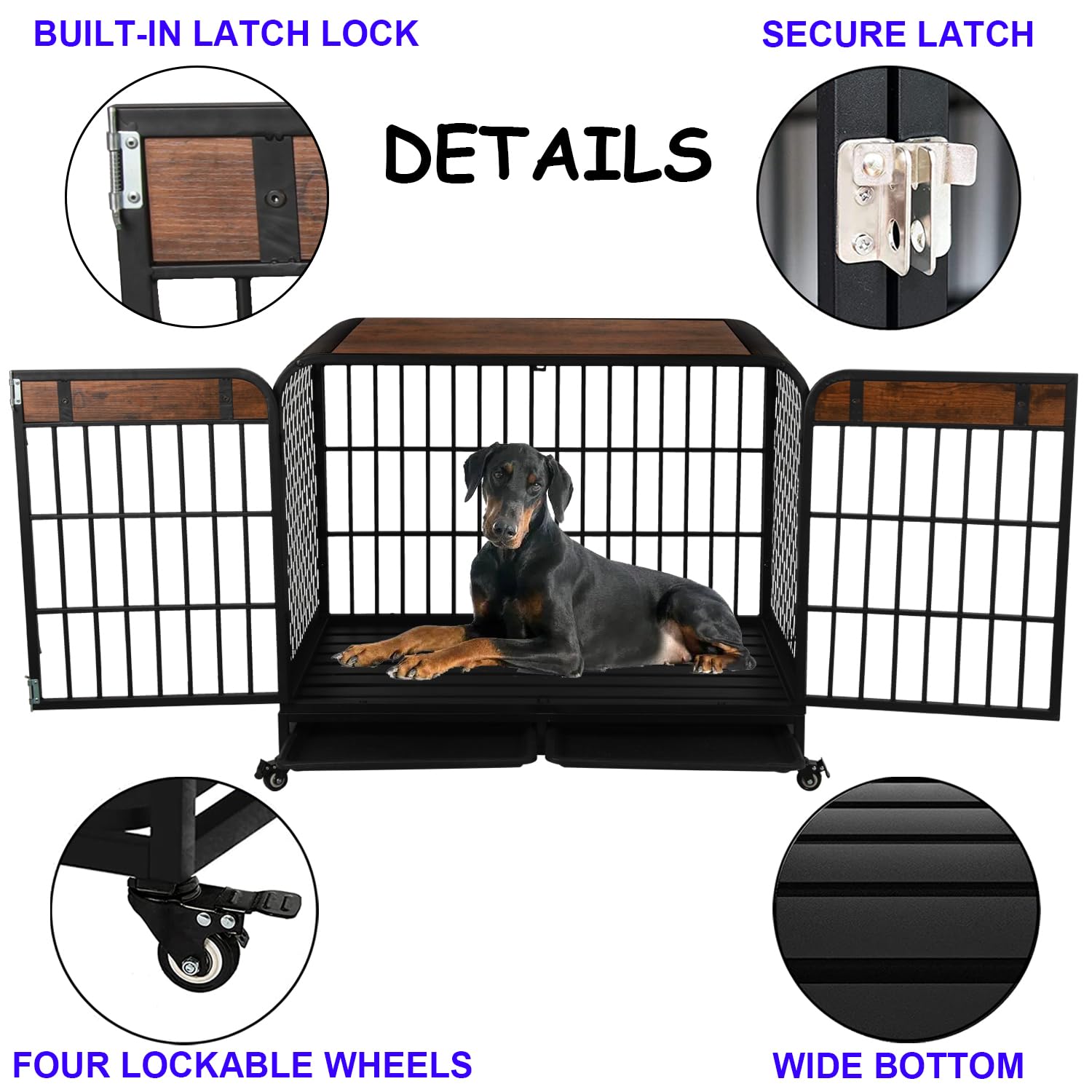 42 Inch Heavy Duty Wooden Dog Crate Furniture for Large Dogs - Double Door Indoor Dog Kennel with Side Table - Decorative Pet House Cage in Black & Brown - Perfect for Living Room, Bedroom or Office Pet Space