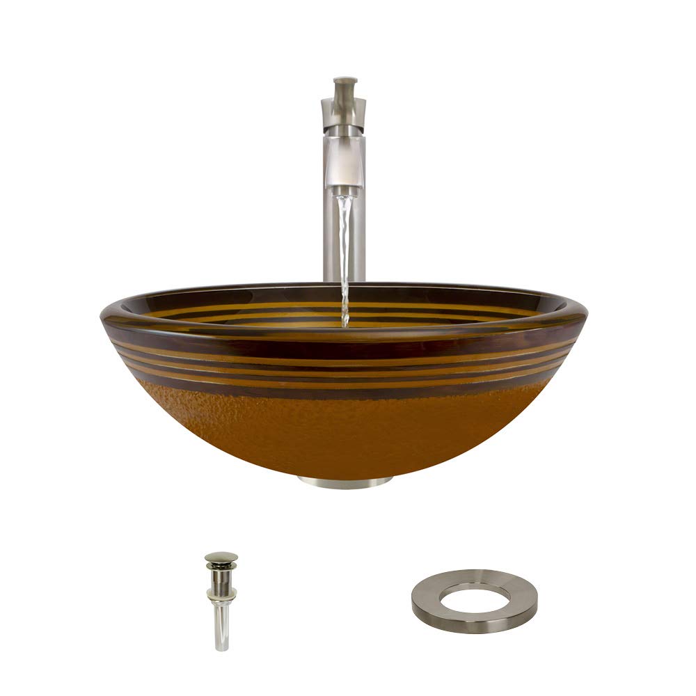 Hand Painted Multi-Colored Glass Vessel Bathroom Sink with Brushed Nickel Faucet & Pop-Up Drain - Perfect for Modern Vanity, Powder Room & Luxury Home Decor