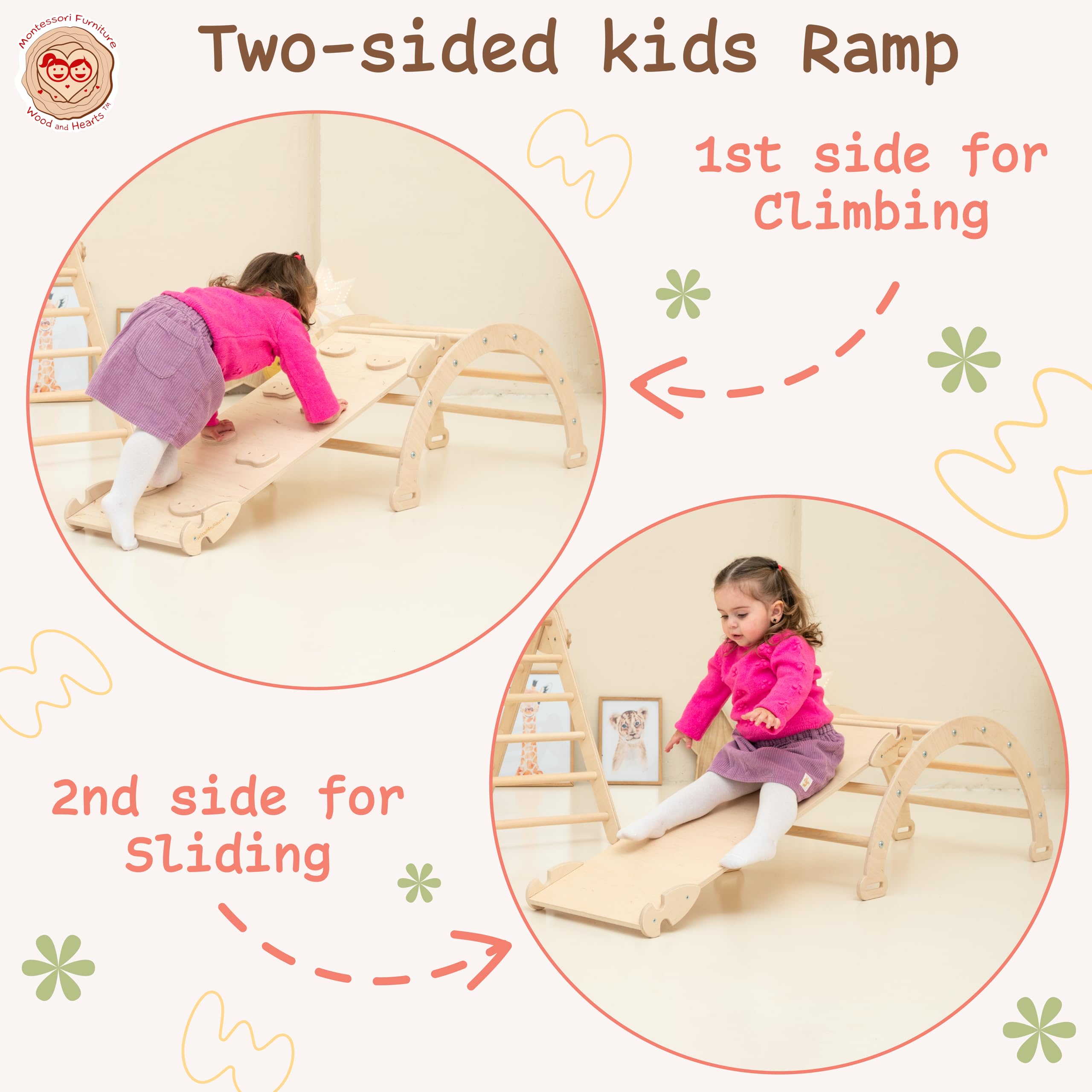 Wooden Climbing Triangle Gym for Toddlers - 3-in-1 Montessori Climbing Set with Ramp & Slide - Natural Wood Baby Activity Gym for Indoor Play, Physical Development & Sensory Exploration (Standard Size)