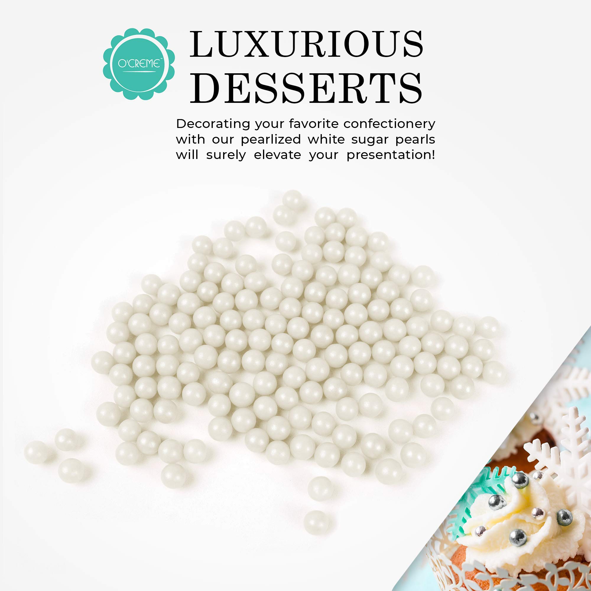 O'Creme White Edible Sugar Pearls - 10mm Cake Decorating Supplies for Bakers (11 Pound) - Perfect for Cookies, Cupcakes, Icing Toppings & Candy Decorations - Certified Baking Beads & Sprinkles for Wedding Cakes, Birthday Parties & Dessert Displays