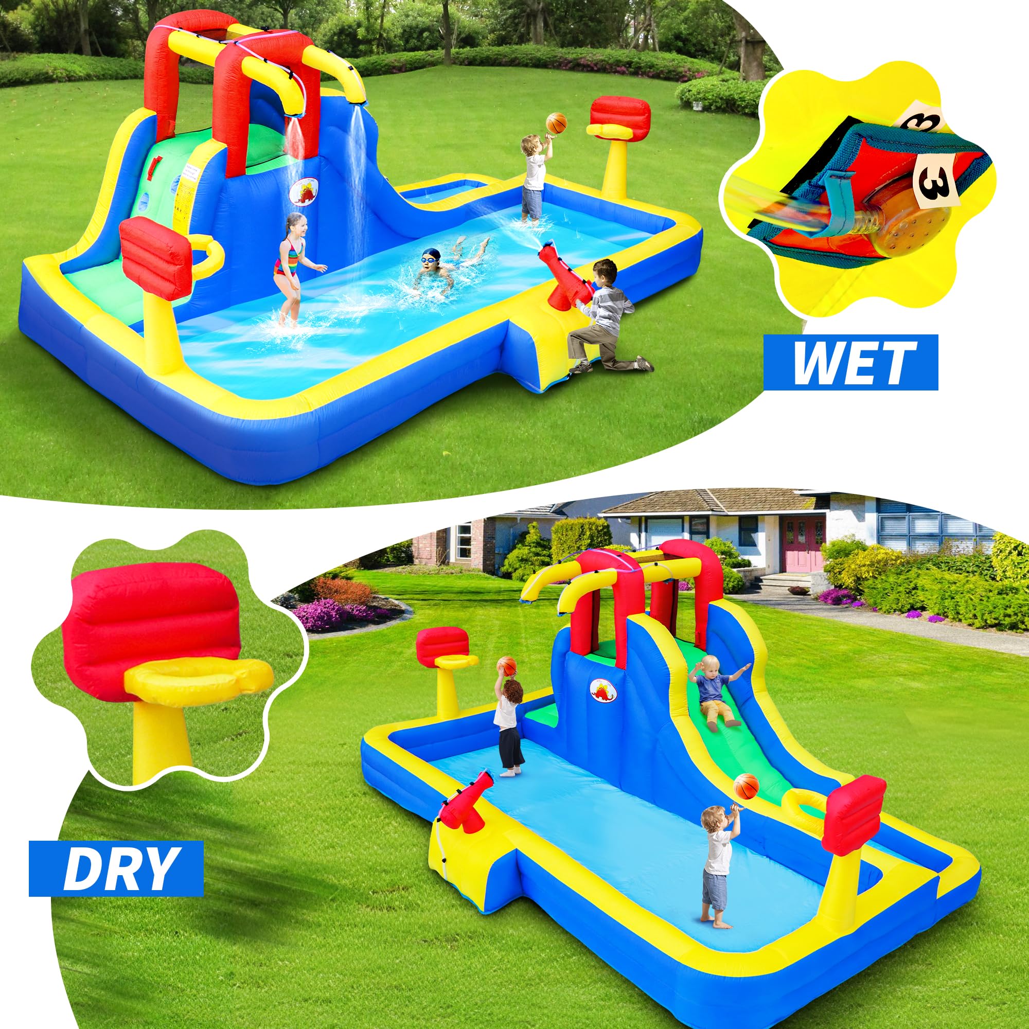 Inflatable Water Park with Blower - Bounce House with Water Cannon & Double Basketball Hoops for Kids Outdoor Summer Party, Backyard Pool Fun, and Birthday Celebrations