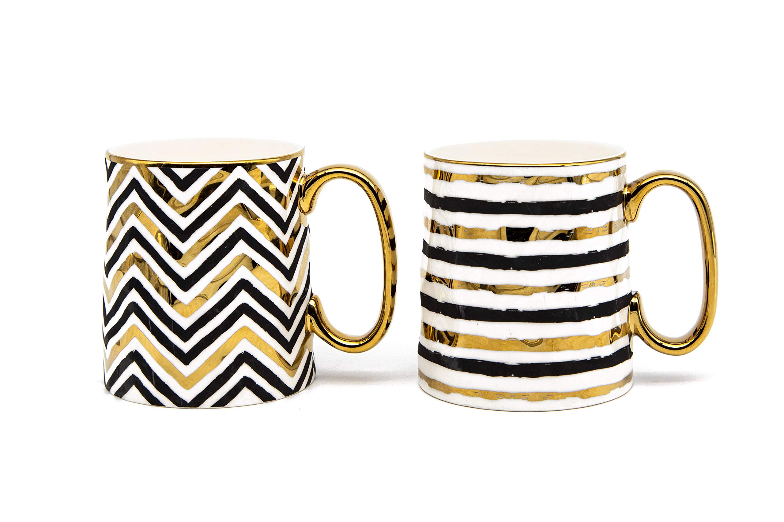 Premium Black and Gold Porcelain Coffee Mug Set - 14.8 oz Geometric Design with Metallic Accents - Elegant Tea Cups with Handles (Set of 2) - Perfect for Home, Office, or Gift Giving