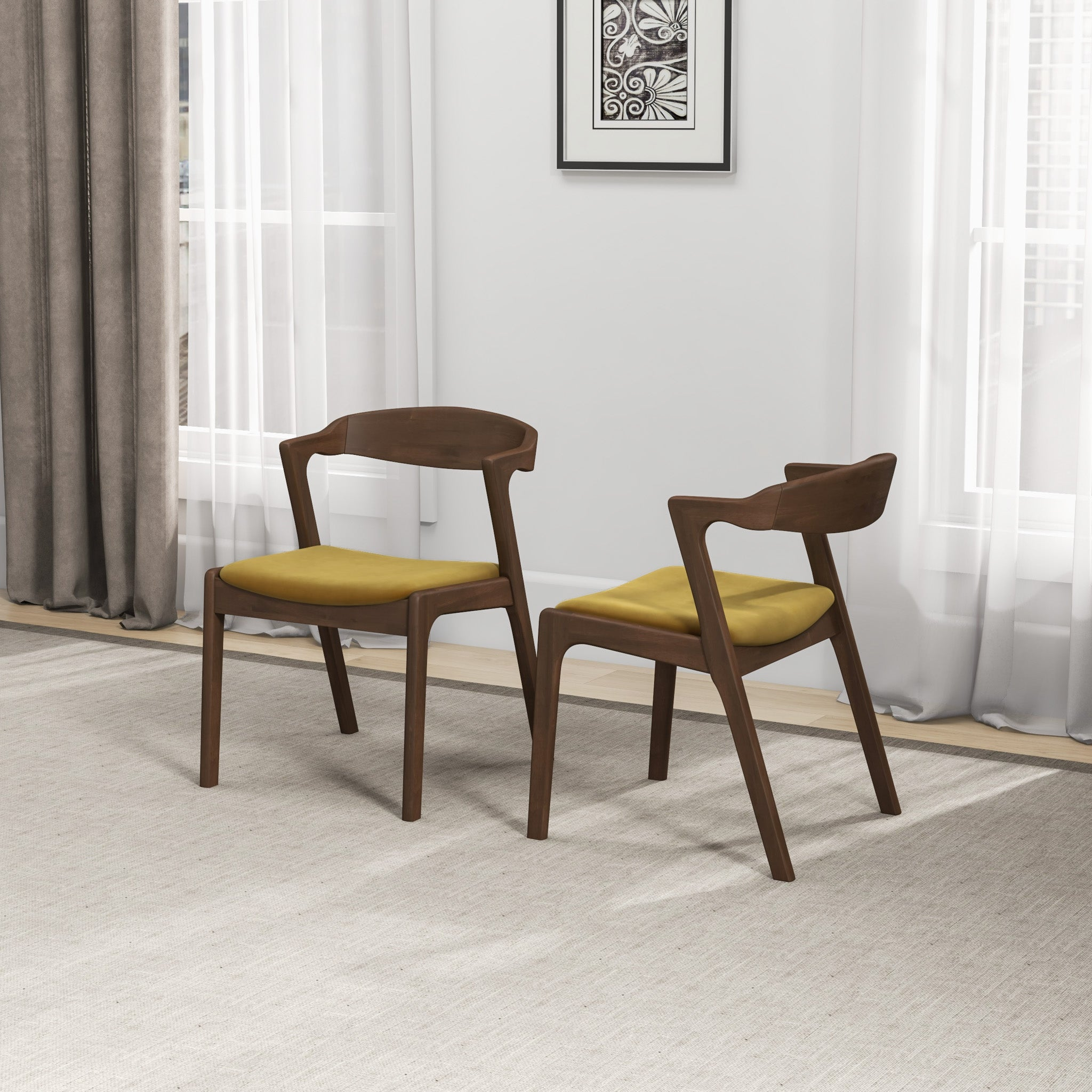 Premium Dakota Dark Yellow Velvet Dining Chairs (Set of 2) - Modern Upholstered Kitchen Chairs for Dining Room, Breakfast Nook, and Home Decor