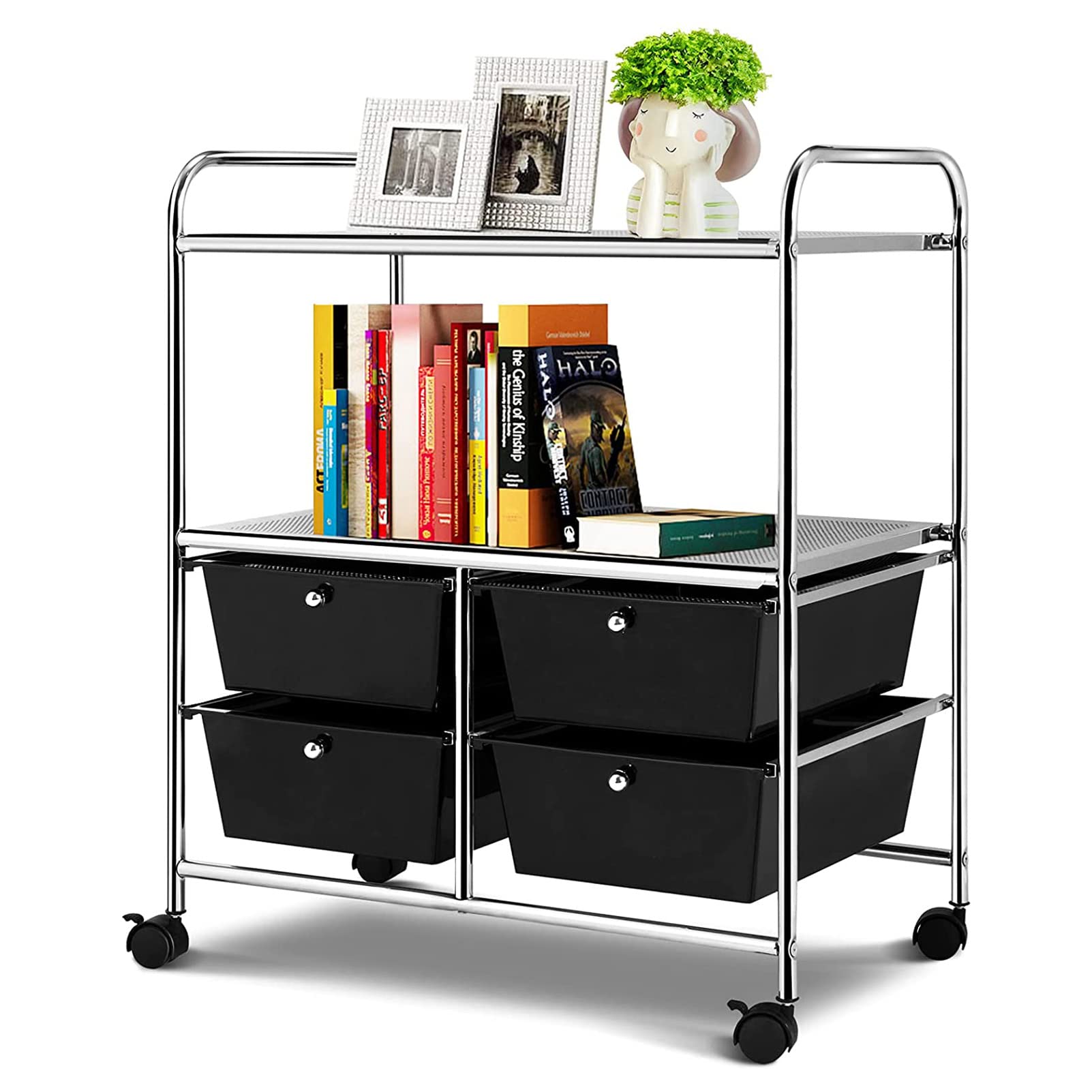 4-Tier Rolling Storage Cart with Drawer - Multipurpose Mobile Organizer for Home, Office & School - Space-Saving Utility Cart for Kitchen, Bathroom, Dorm or Workshop