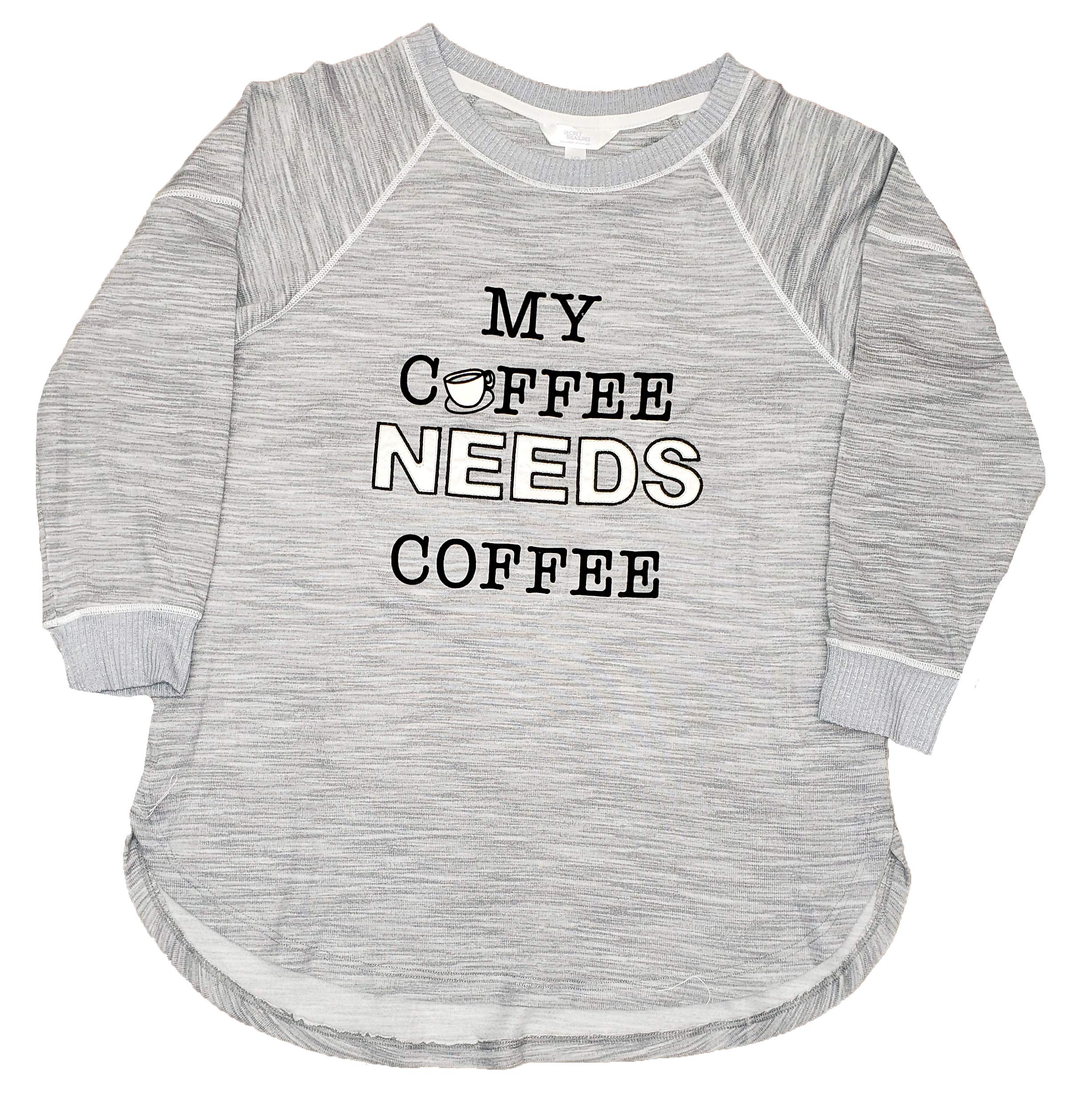 My Coffee Needs Coffee Platinum Silver Heather 3/4 Sleeve Hacci Sleep Top - Small | Comfortable Loungewear for Relaxing at Home, Sleeping & Coffee Time