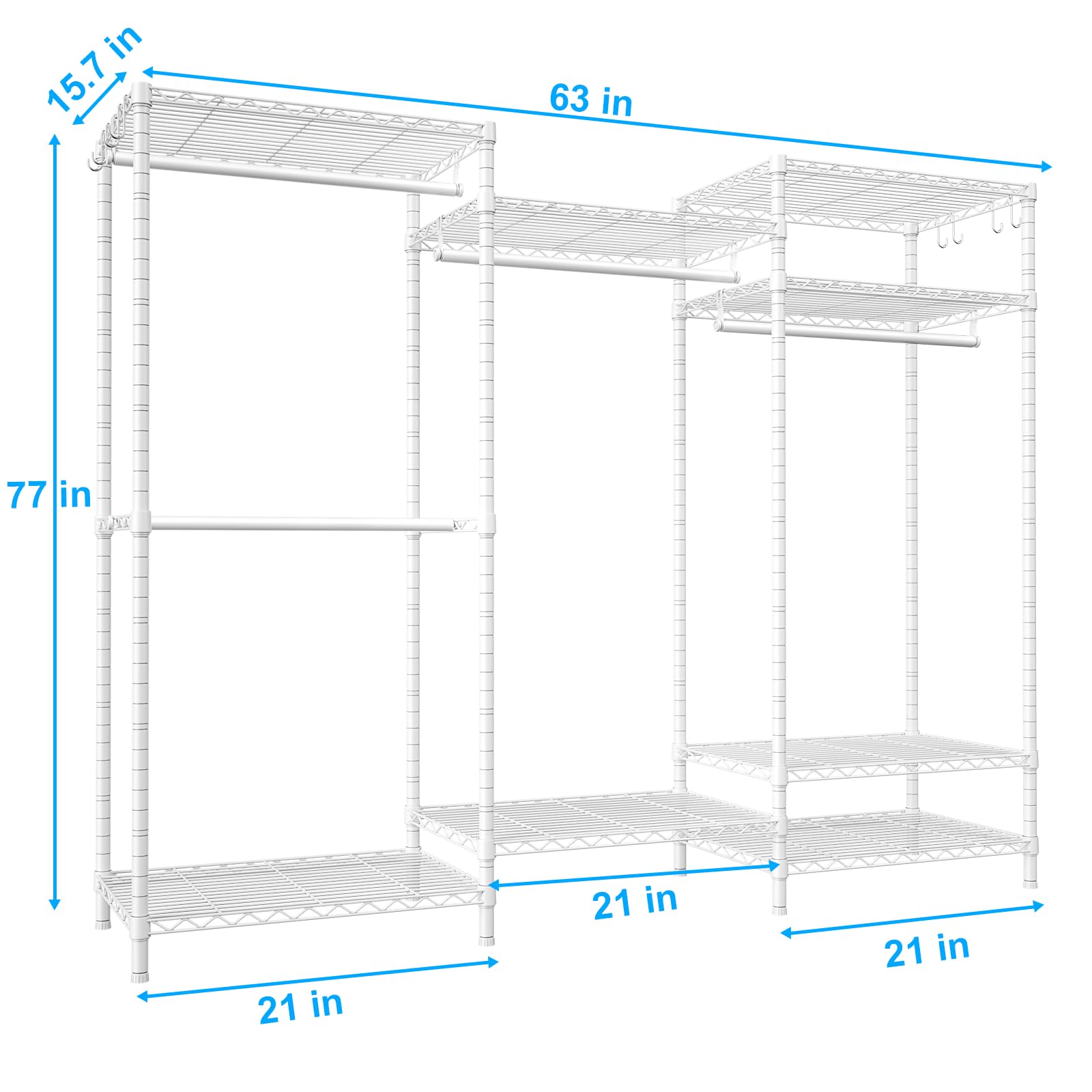 Heavy Duty Clothes Rack with 4 Hanger Rods & 8 Shelves - Adjustable Freestanding Garment Rack for Hanging Clothes, 63
