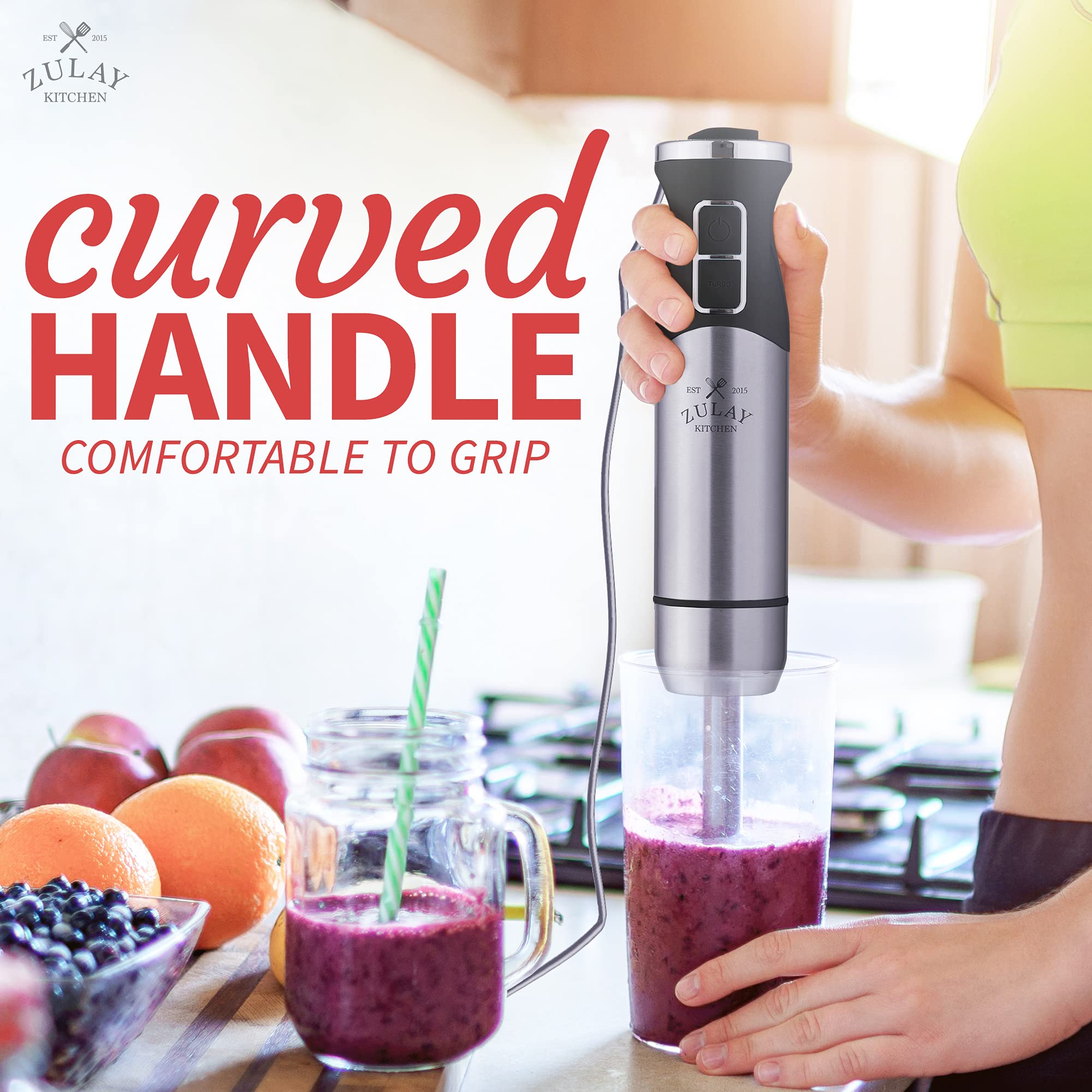 **Zulay Premium Immersion Blender Handheld - Powerful 500W Stick Blender with Ultra-Sharp Stainless Steel Blades for Smoothies, Soups & Sauces - Durable & Easy to Clean (Matte Black) - Perfect for Kitchen, Baking & Meal Prep**