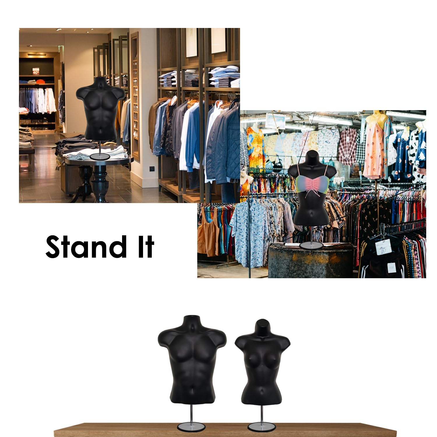 Black Male & Female Mannequin Torso Set with Clothes Clips, Metal Stand & Hanging Hooks - Hollow Back Design for S-M Sizes (Set of 2) - Perfect for Retail Stores, Boutiques, and Fashion Displays